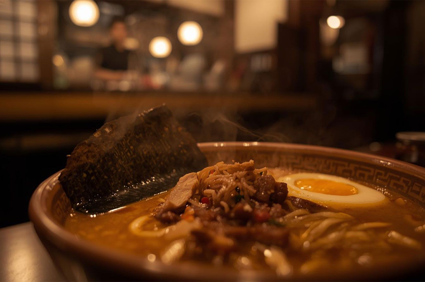 A warm, close-up shot of a bowl of steaming ramen in a dark restaurant setting.