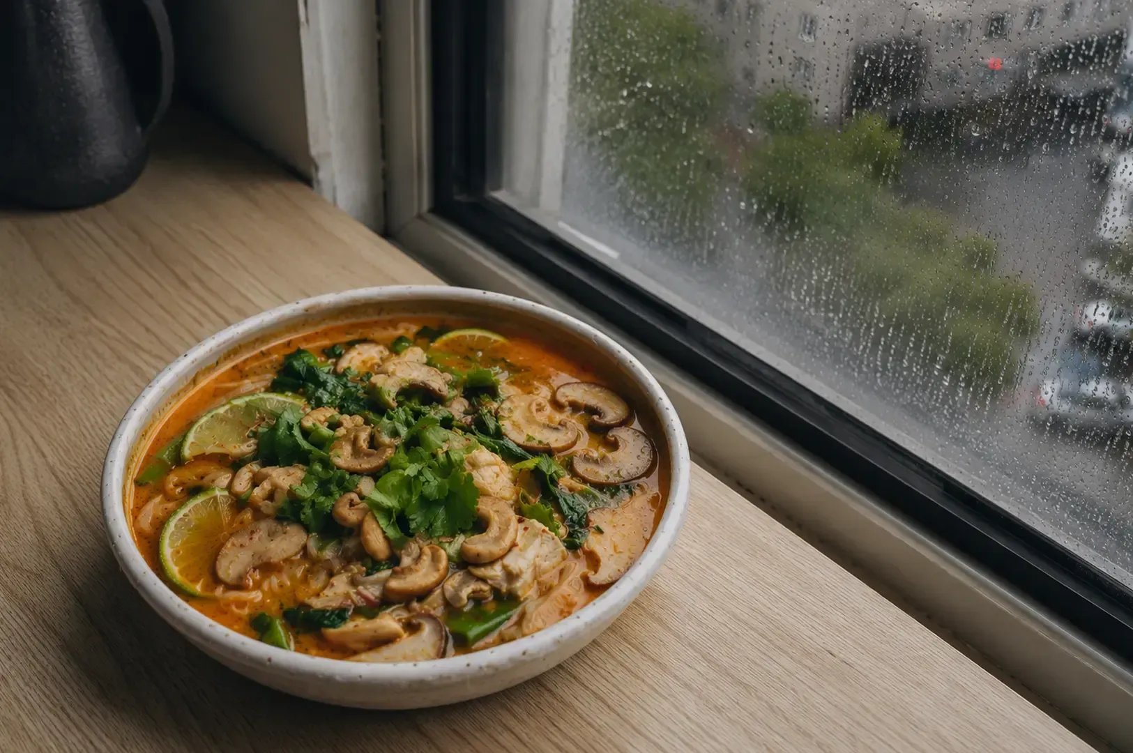 Bowl of red curry soup with mushrooms, lime slices, cilantro, and cashew nuts in orange broth.