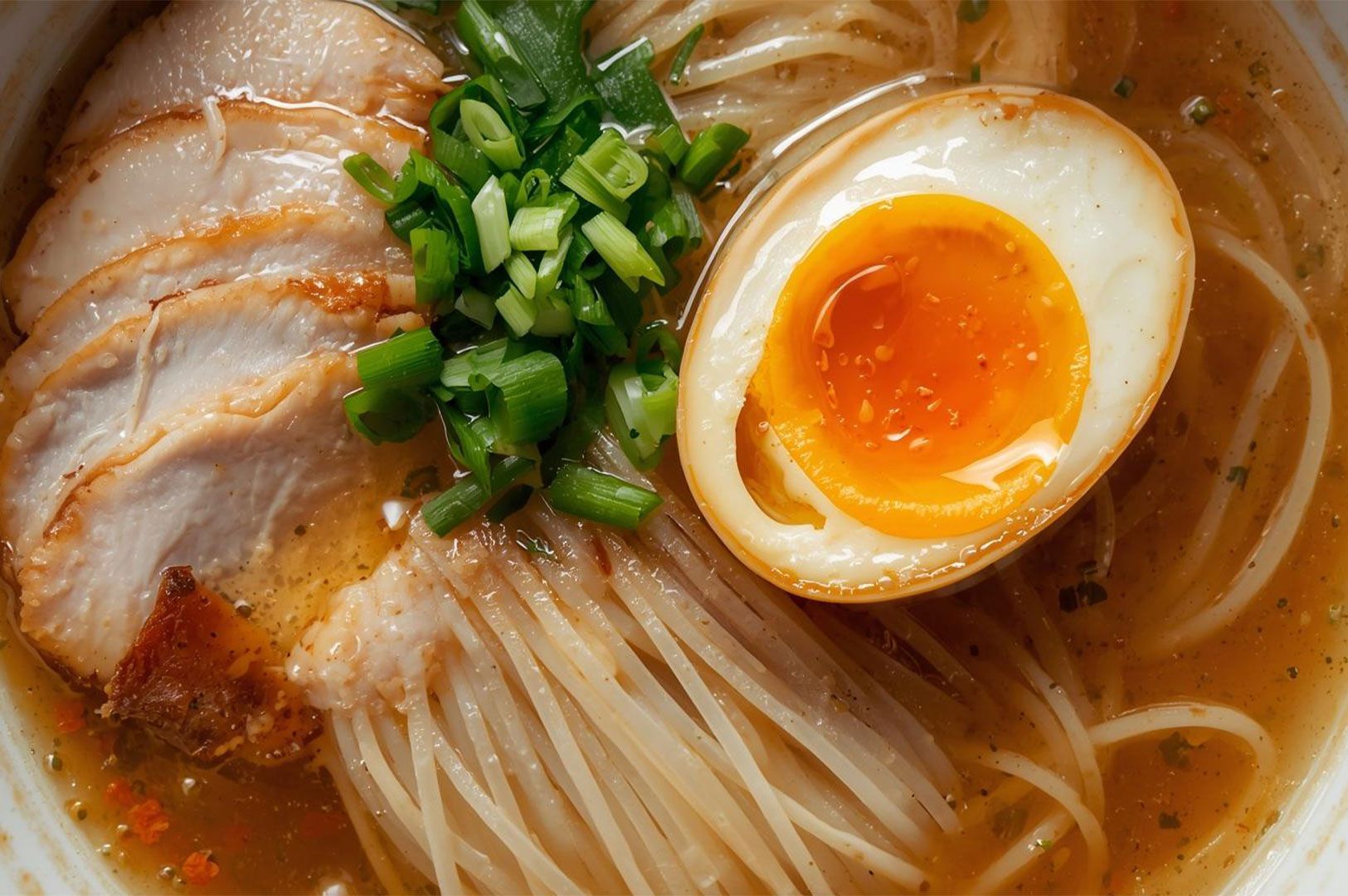 Extreme close-up of a finished bowl of shio ramen with straight noodles in a light broth, topped wit