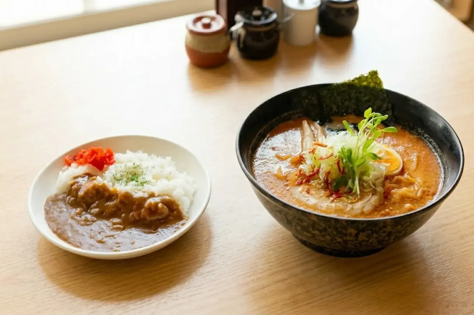 Wooden table setting with a plate of Japanese curry rice and a bowl of rich ramen topped with vegetables and egg