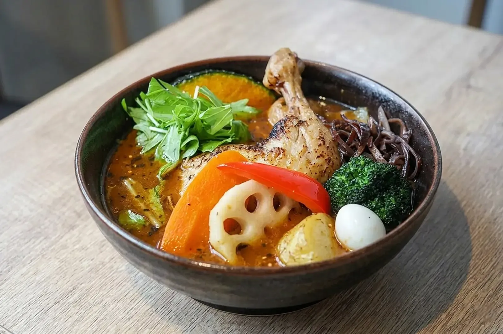 Japanese soup curry in a dark ceramic bowl featuring a chicken drumstick, lotus root, carrot.