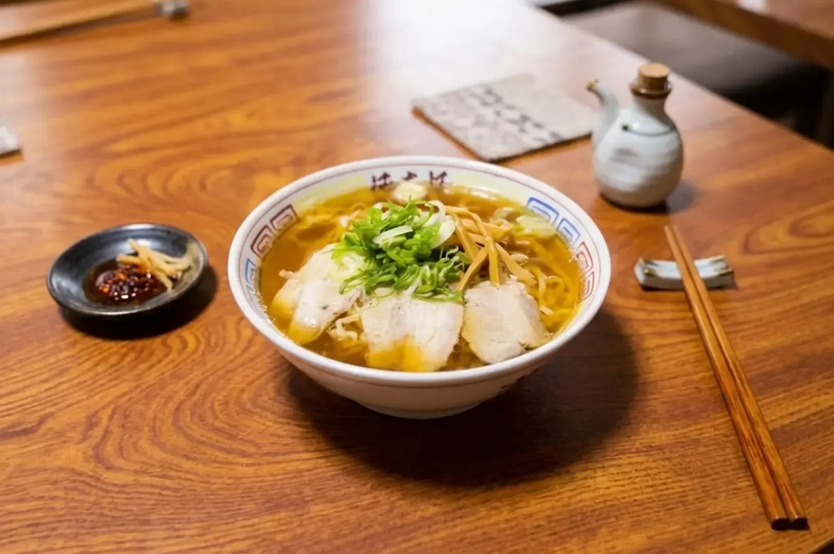 Traditional Kitakata ramen with clear soy sauce-based broth, thick flat noodles, chashu pork slices.