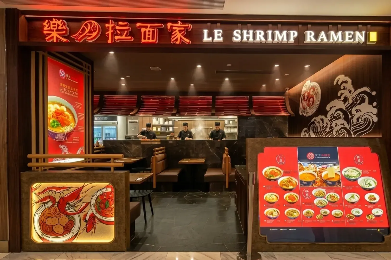 Storefront entrance of Le Shrimp Ramen restaurant with illuminated signage and menu displays outside