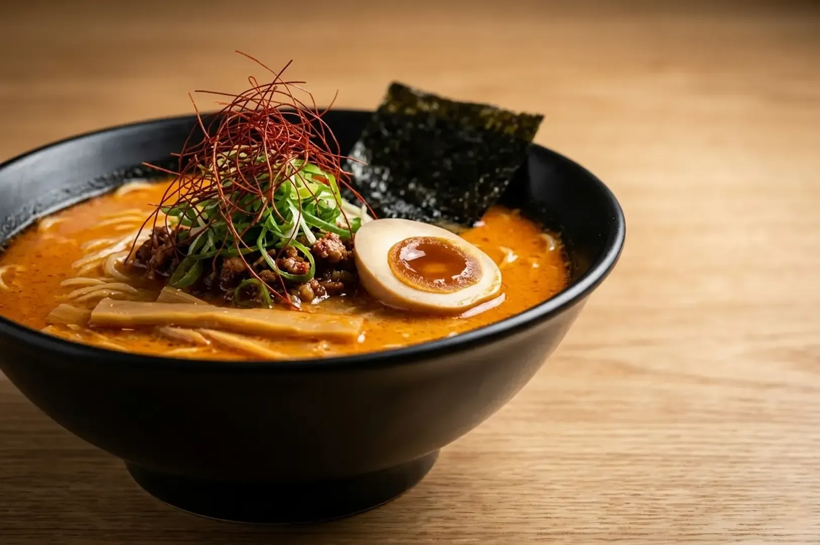 Black bowl of spicy ramen featuring rich orange broth, soft-boiled egg, nori seaweed, minced meat.