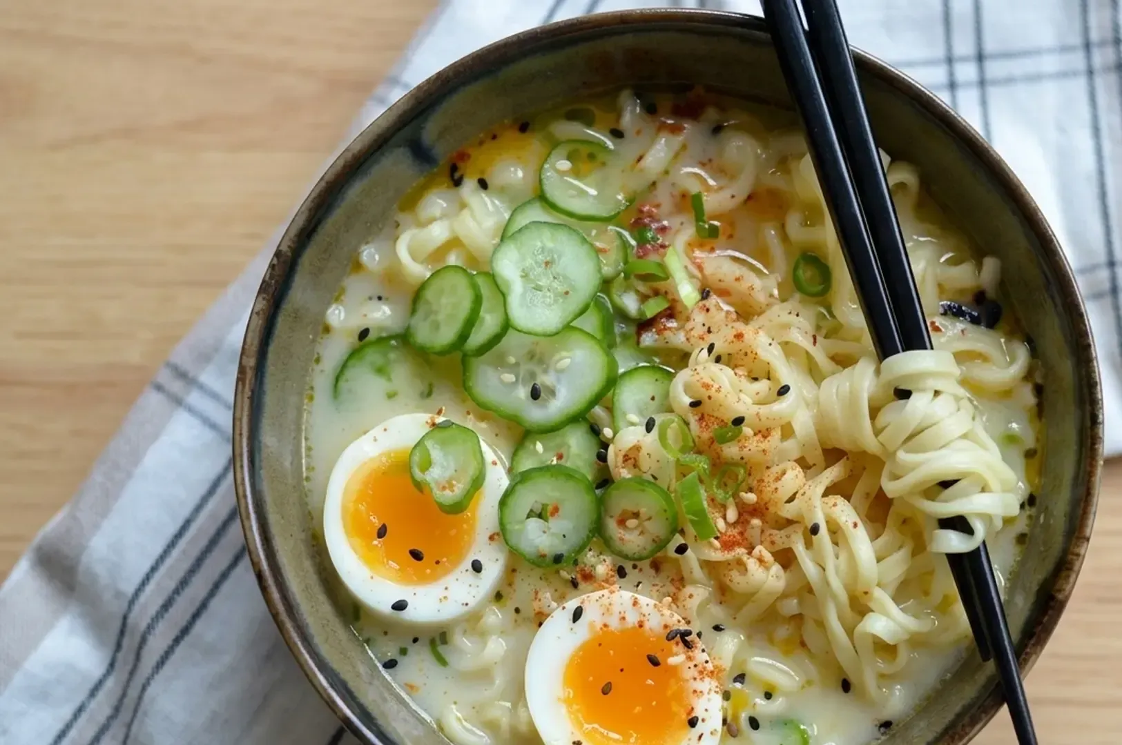 Bowl of ramen with soft-boiled eggs, cucumber slices, and chopsticks lifting noodles.