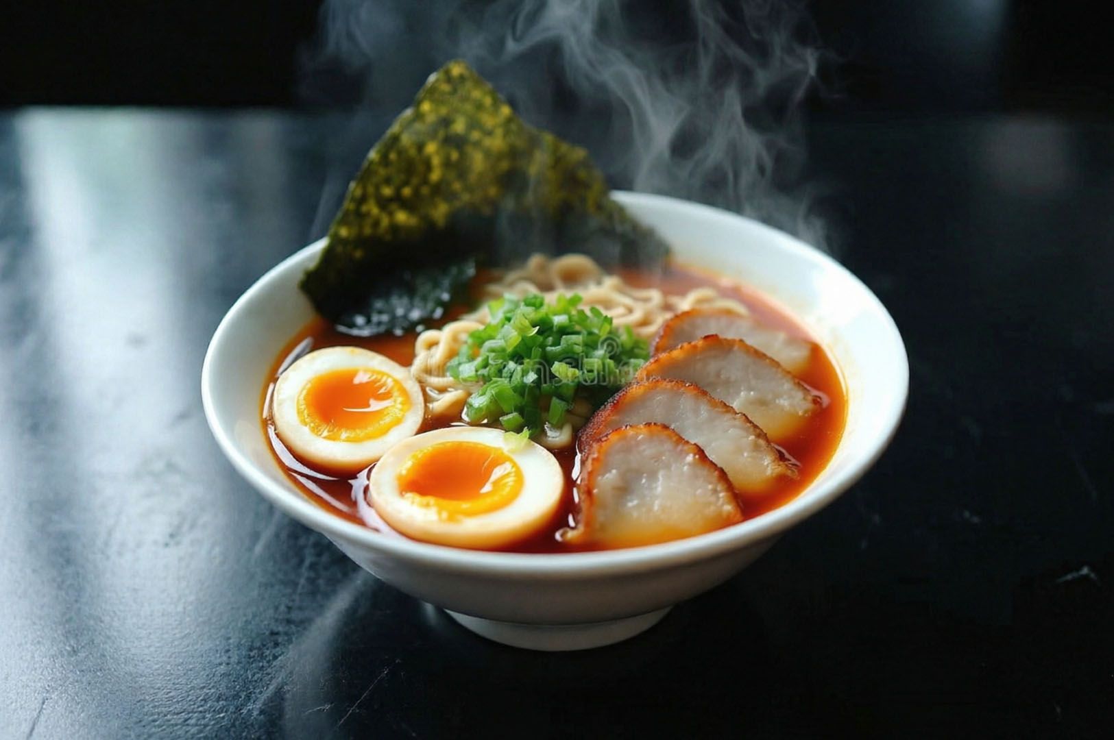 Steaming bowl of ramen with soft-boiled eggs, pork slices, nori, and green onions on black table.