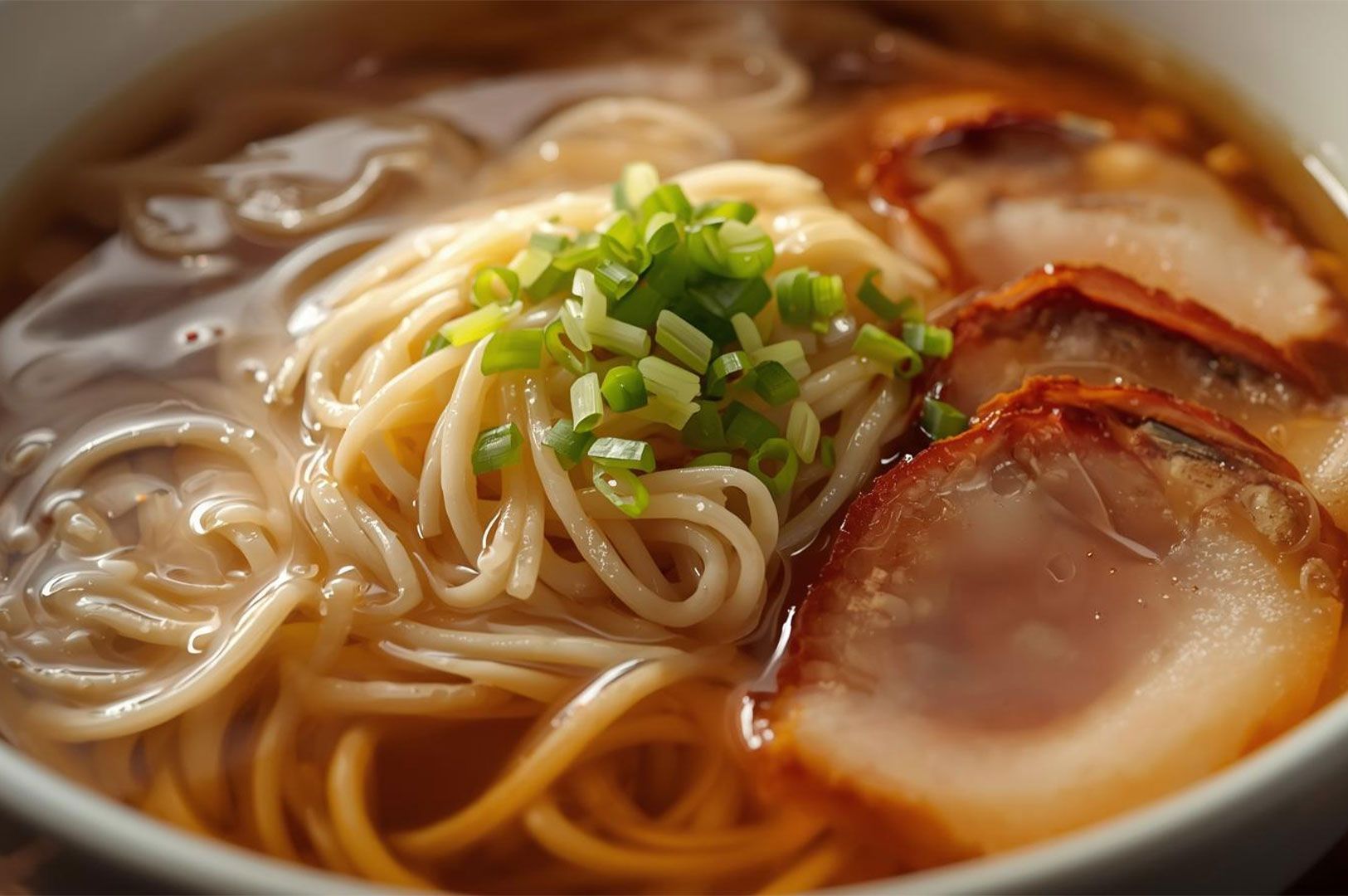 A close-up of a bowl of clear broth shoyu ramen with white noodles, slices of marinated chashu pork,