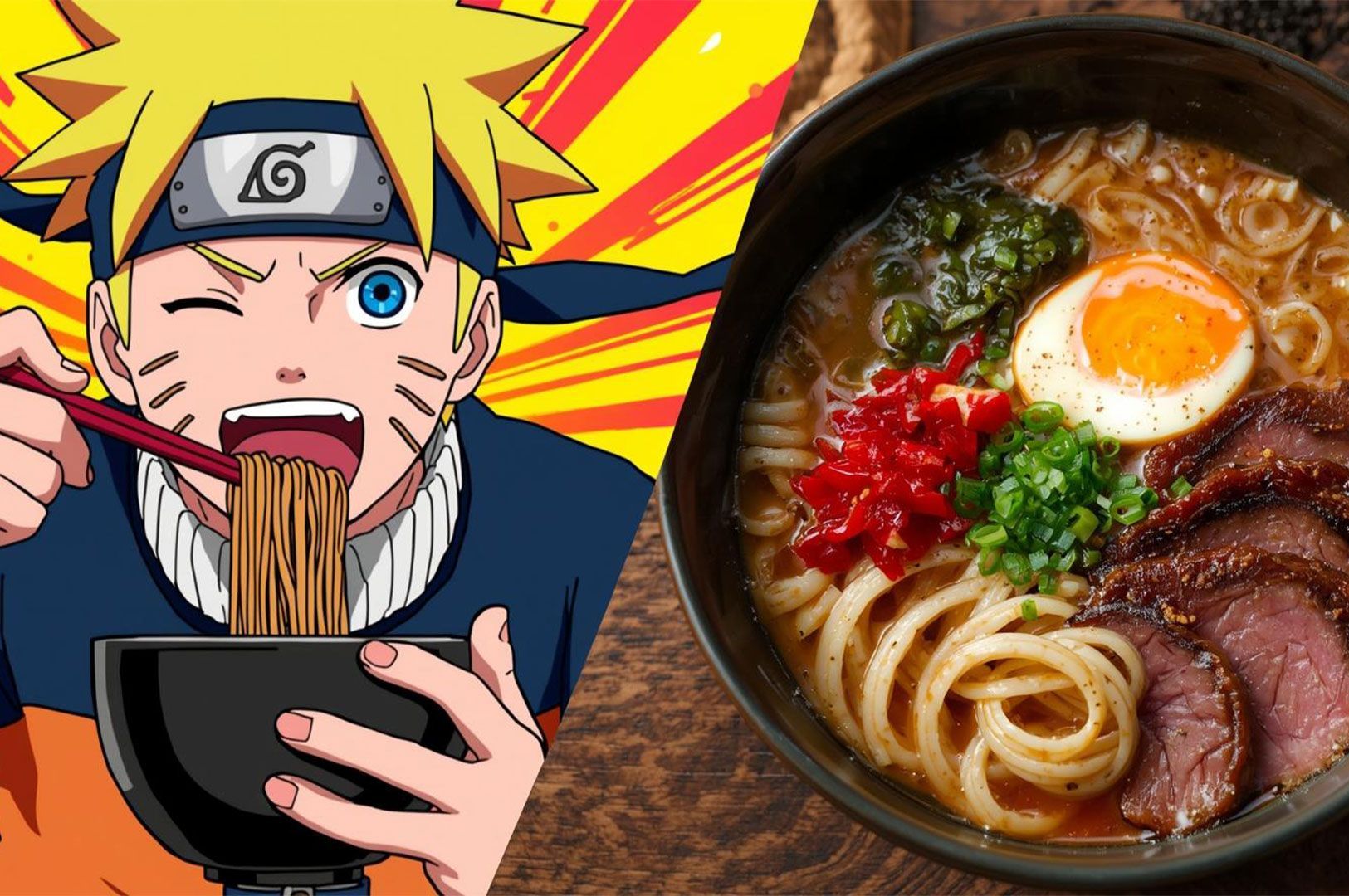 A split image contrasting the cultural impact of ramen: on the left, the anime character Naruto.