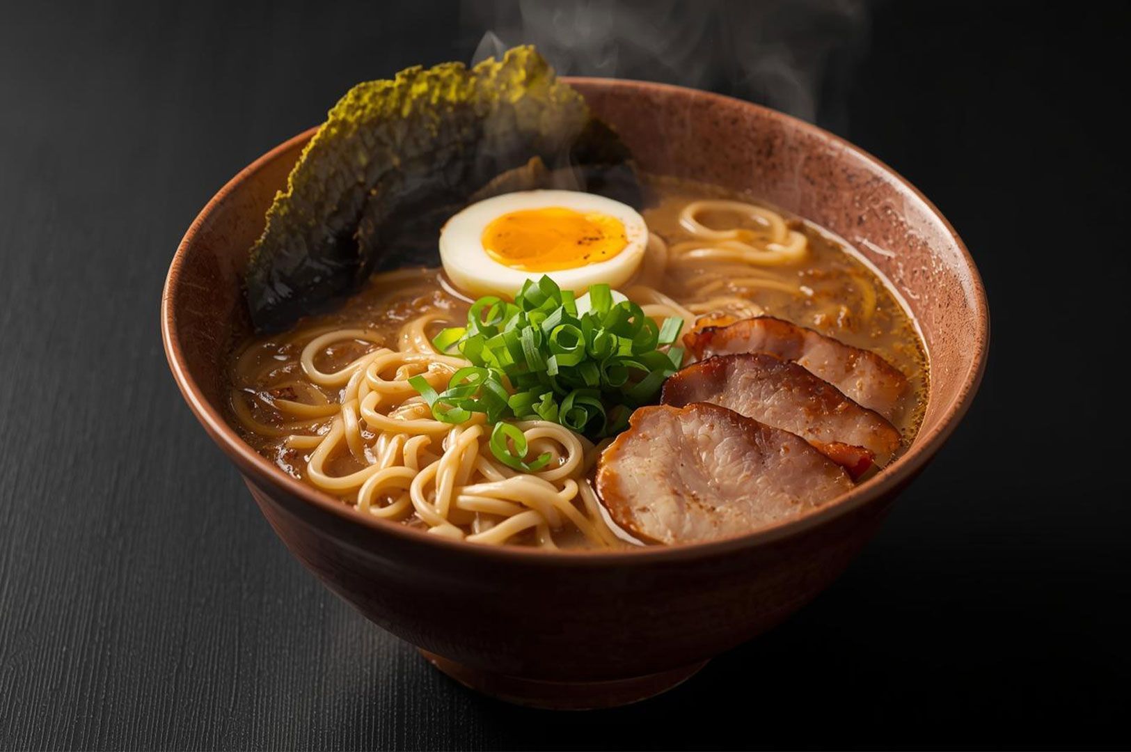 Close-up of a steaming bowl of traditional Japanese ramen with chashu pork slices.