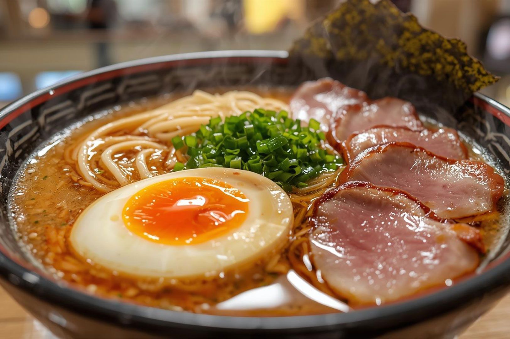 Close-up of a steaming bowl of shoyu or miso ramen, topped with a perfectly cooked soft-boiled egg.