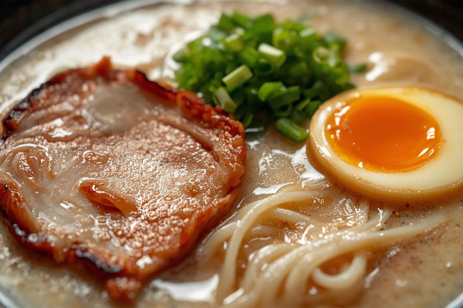 Extreme close-up of a bowl of creamy Tonkotsu ramen, showing thick noodles