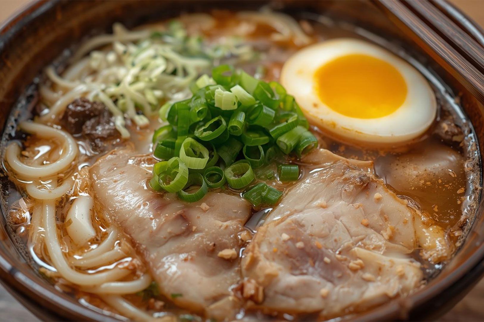 A close-up of a steaming ramen bowl showcasing tender sliced pork, a halved soft-boiled egg, bright green onions, and thick noodles submerged in a rich, savory broth.