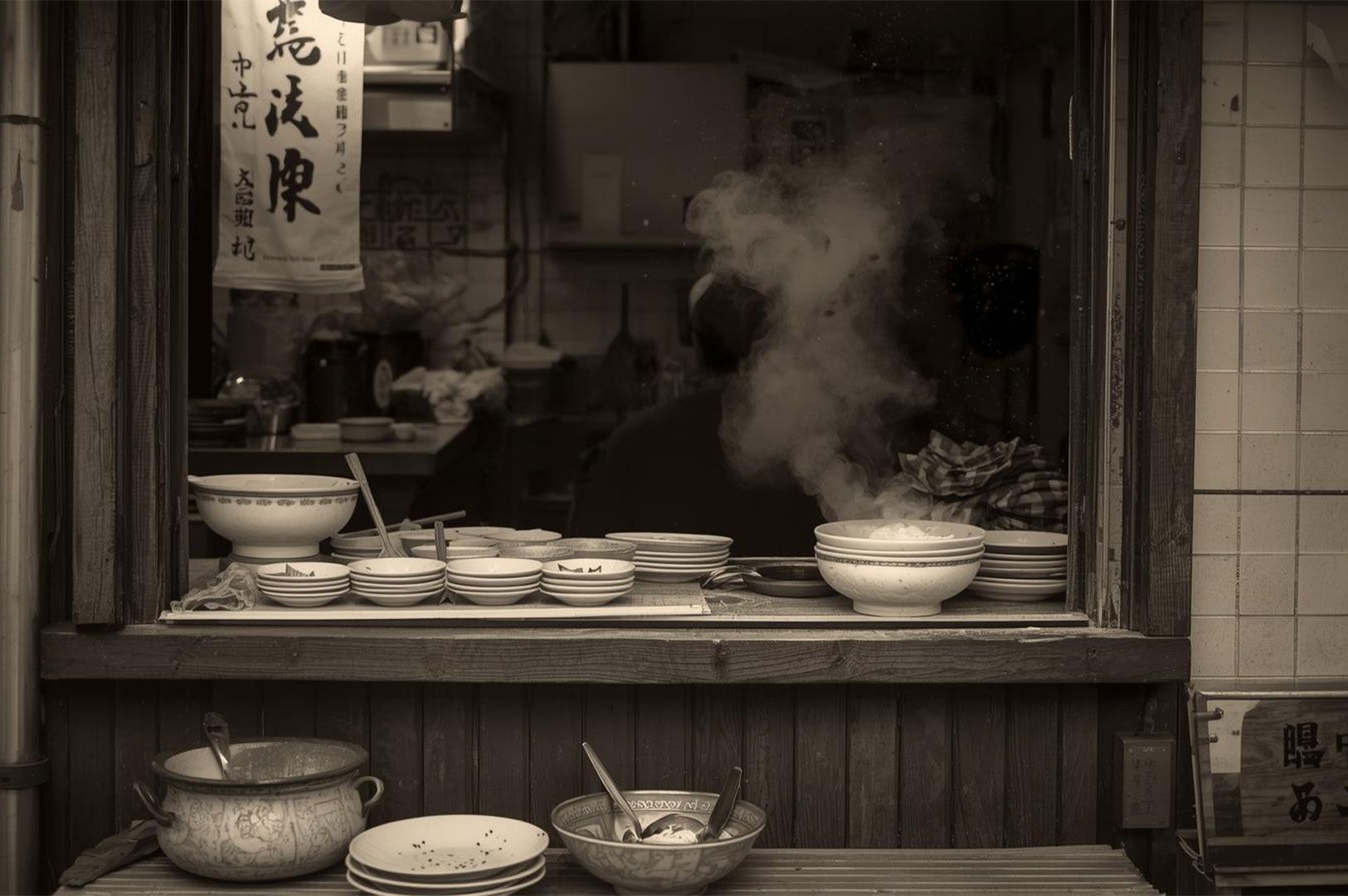 A dark, black-and-white, vintage-style photo of a traditional Japanese ramen stall window, showing stacks of bowls and a cloud of steam rising from a large bowl of hot soup.
