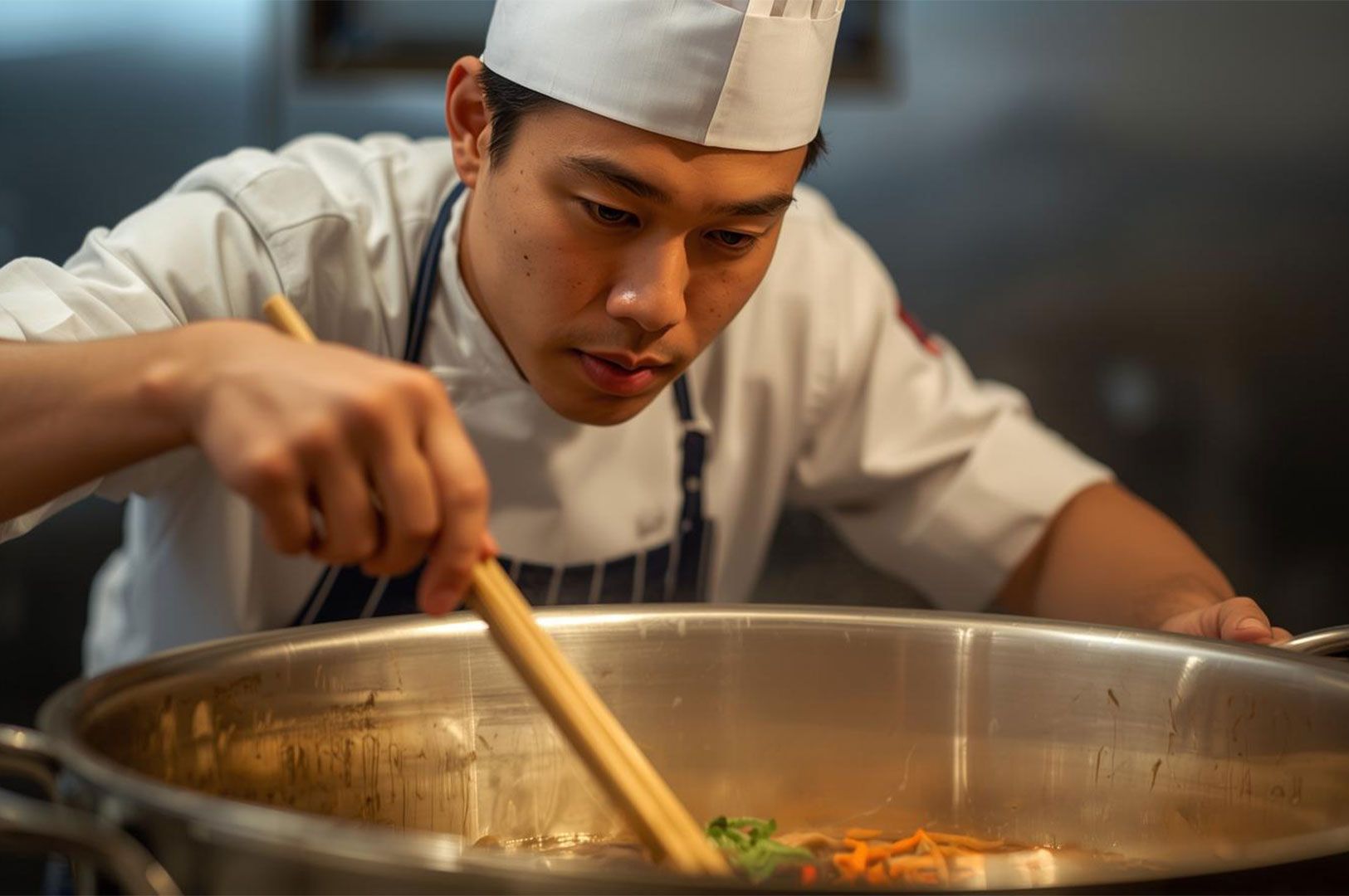A focused Asian chef in a white toque and striped apron stirring a large metal pot of broth or ingredients with long wooden chopsticks in a commercial kitchen.
