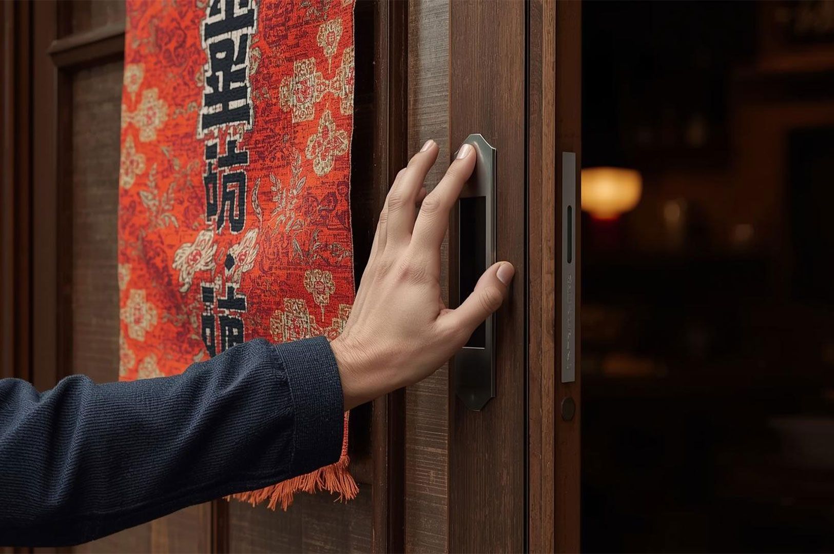 A close-up of a hand reaching for the sliding door handle of a Japanese restaurant entrance, with a traditional red and white patterned noren (curtain) hanging beside the dark wood door.