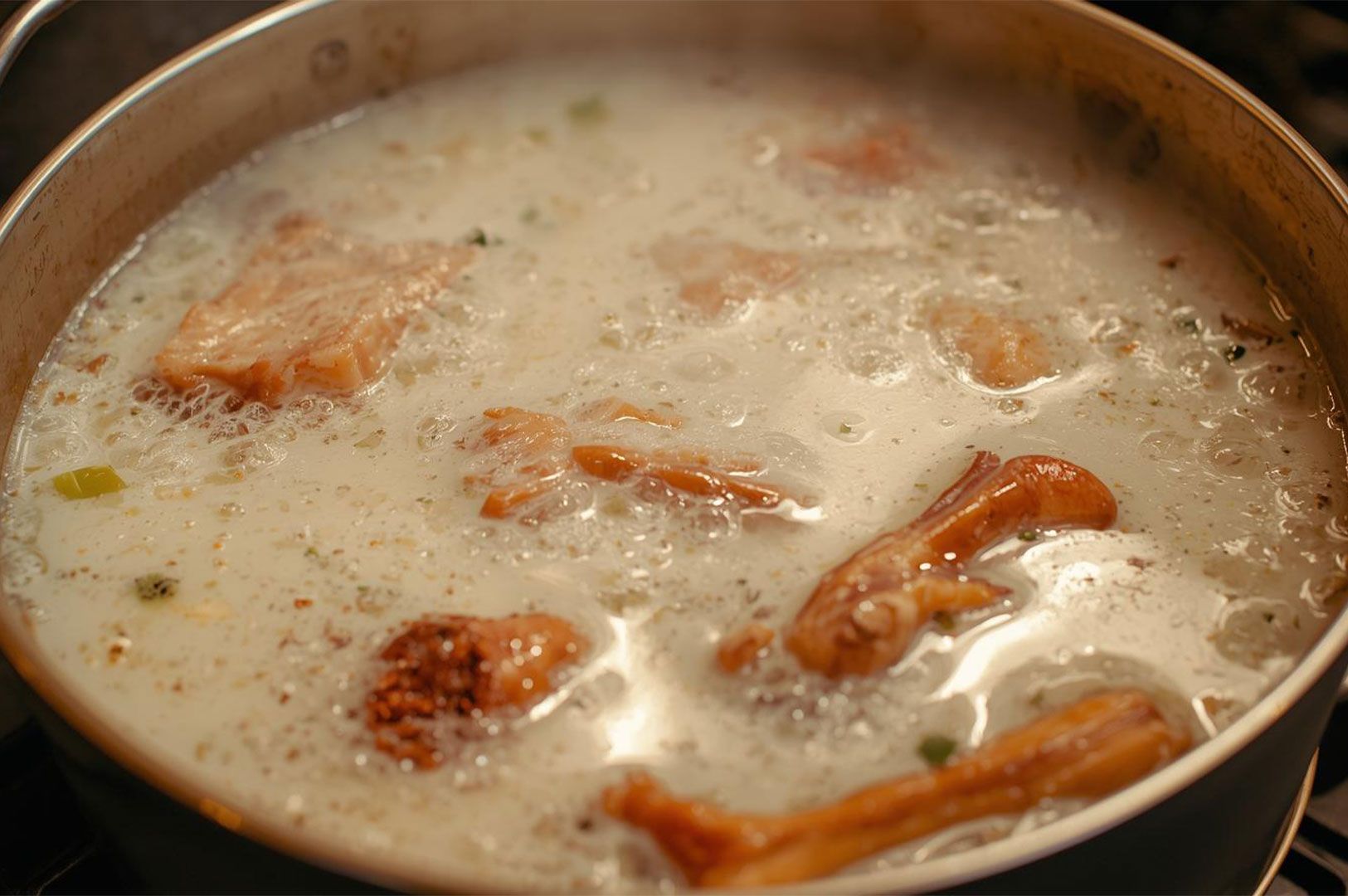 Close-up of a thick, cloudy white liquid boiling in a metal pot, illustrating the preparation of traditional Tonkotsu (pork bone) ramen broth with visible pieces of pork/meat simmering.