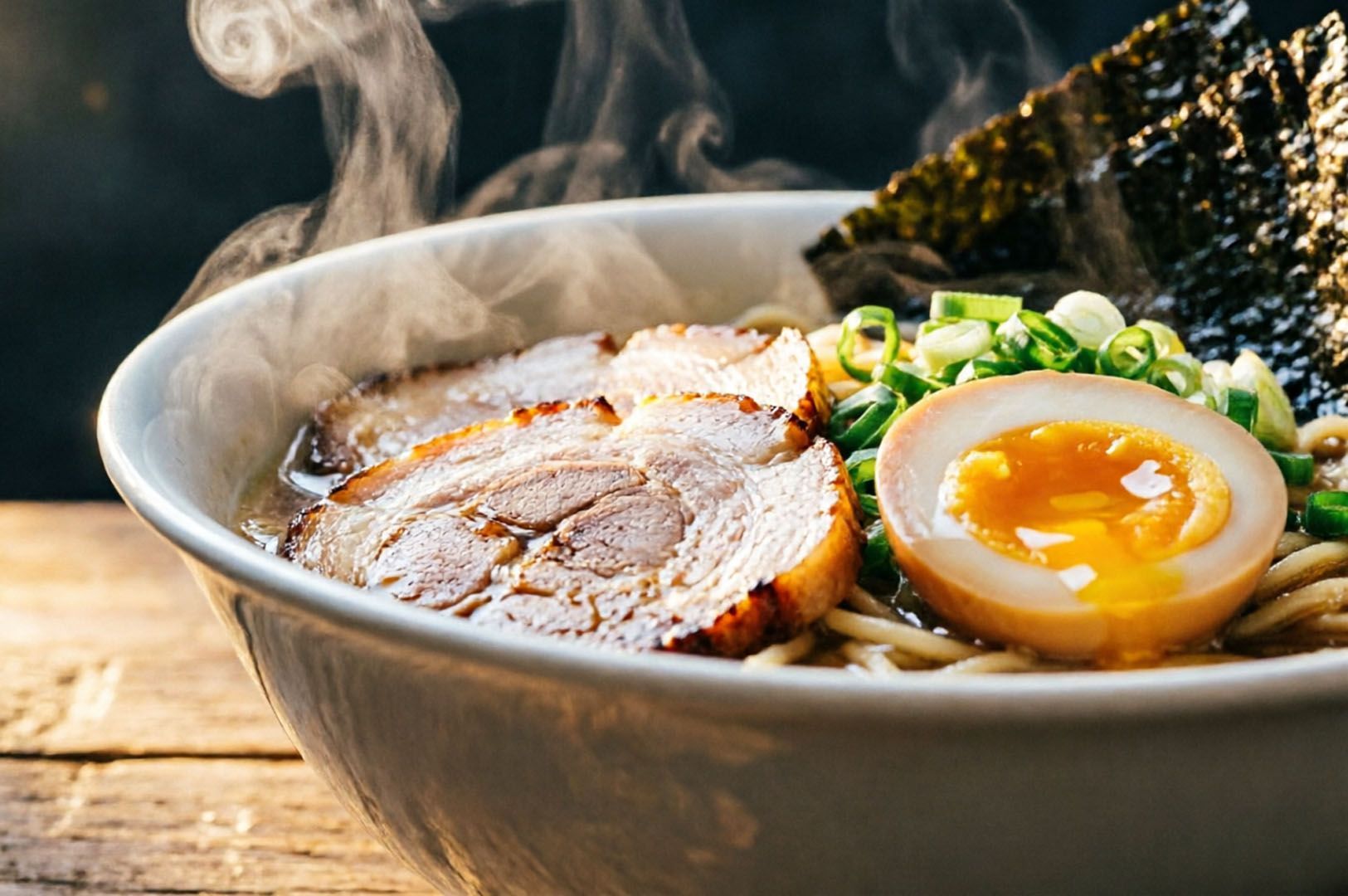 Close-up of half ramen bowl showing caramelized pork belly, golden egg yolk, and rising steam on wooden table