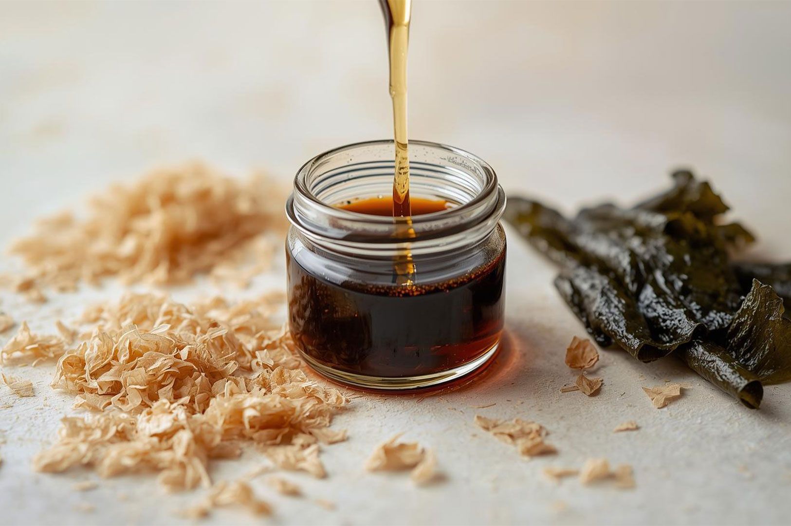 A thick, amber sauce is being poured into a small glass jar, flanked by a pile of light brown bonito flakes and a piece of dried kelp (kombu) on a white surface.