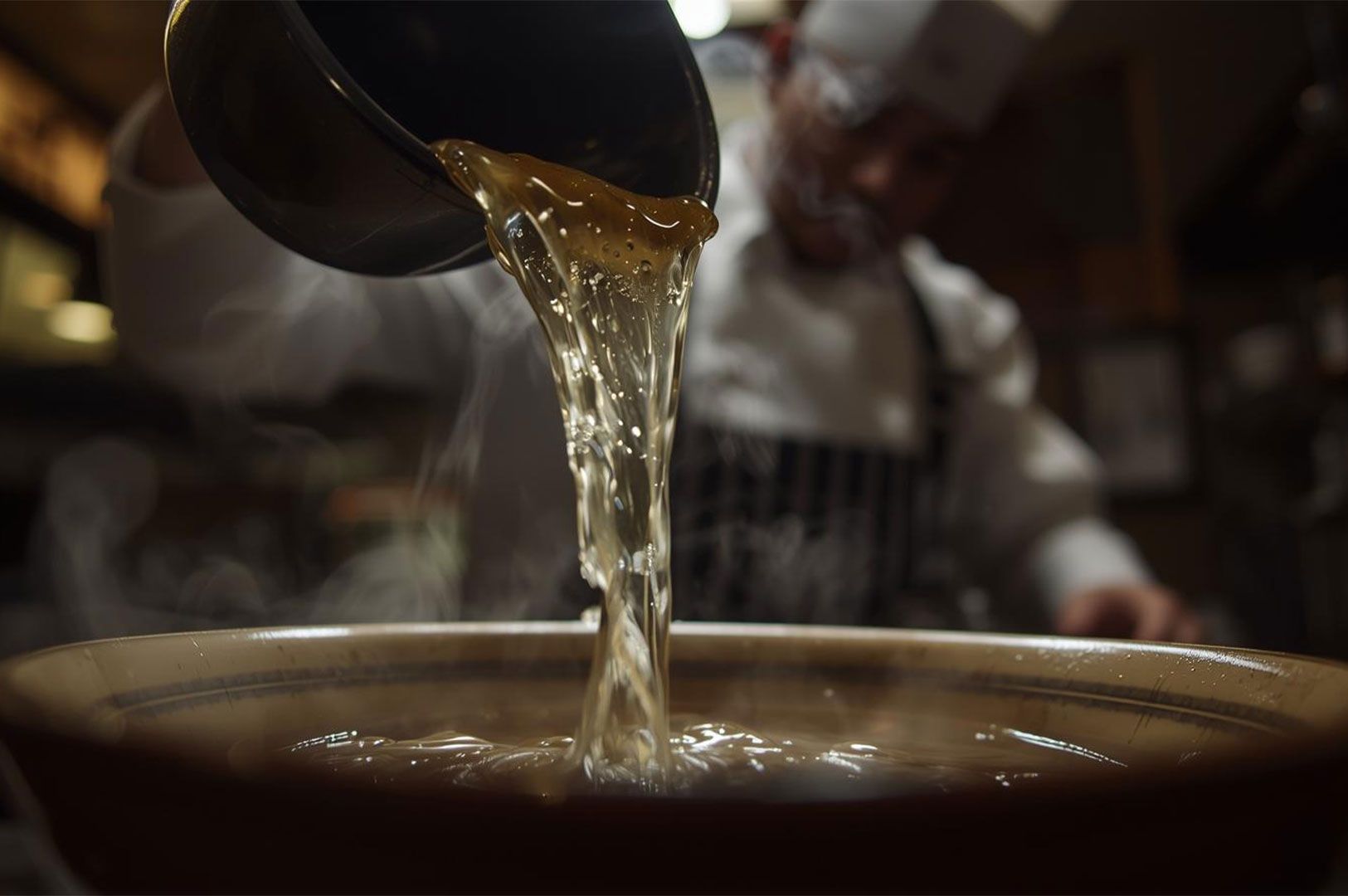 A chef in a white uniform carefully pours clear, shimmering golden shio ramen broth into a serving bowl, emphasizing the broth's clarity and elegance.