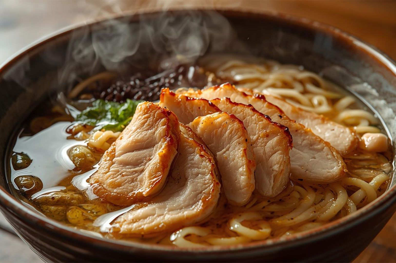 Close-up of a bowl of steaming shio ramen (salt-based broth) with yellow noodles and several slices of lean, glazed chicken chashu on top.