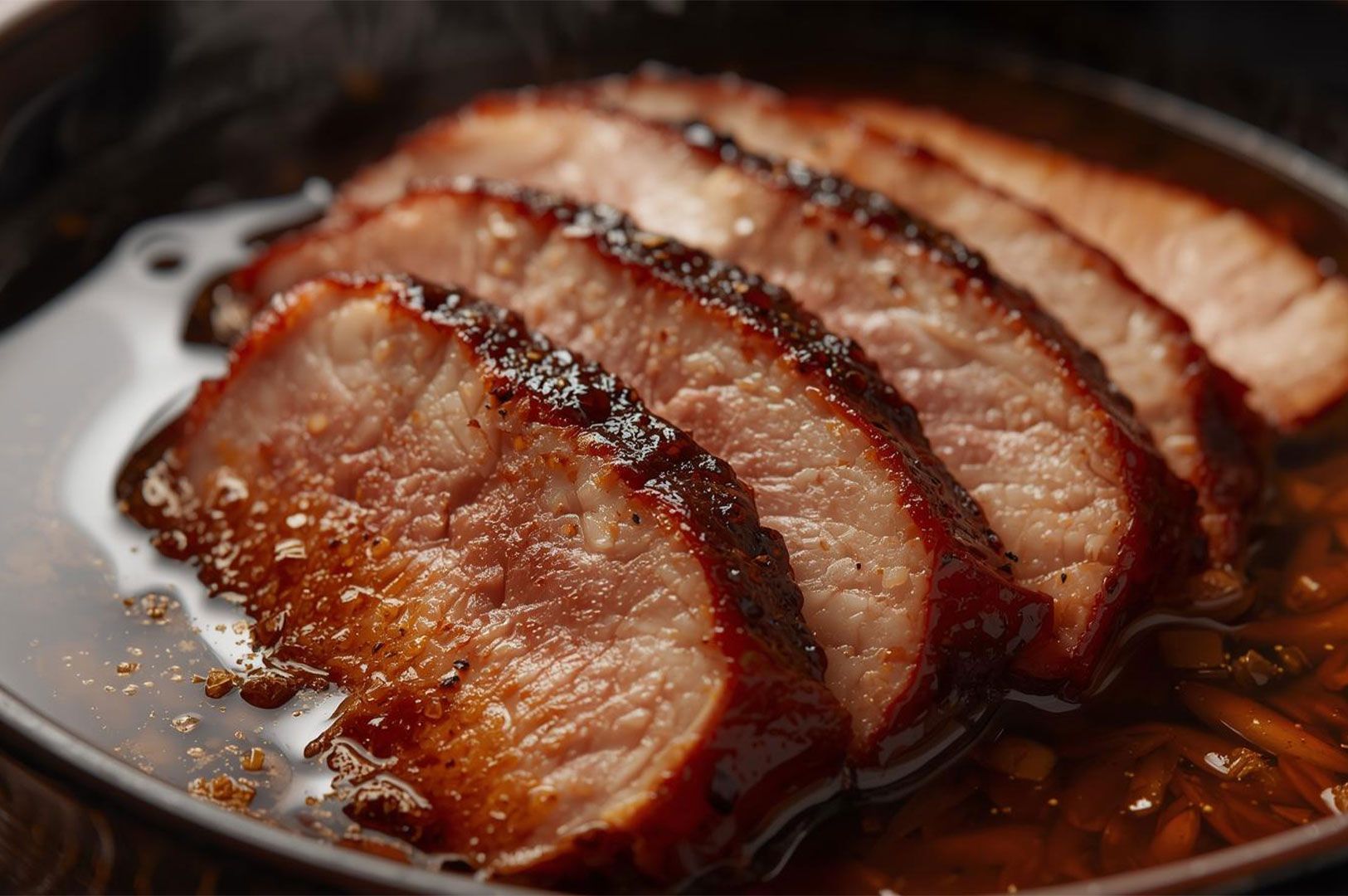 Macro shot of five slices of beautifully seared and glazed duck breast (kamo), resting in a rich, dark ramen broth.
