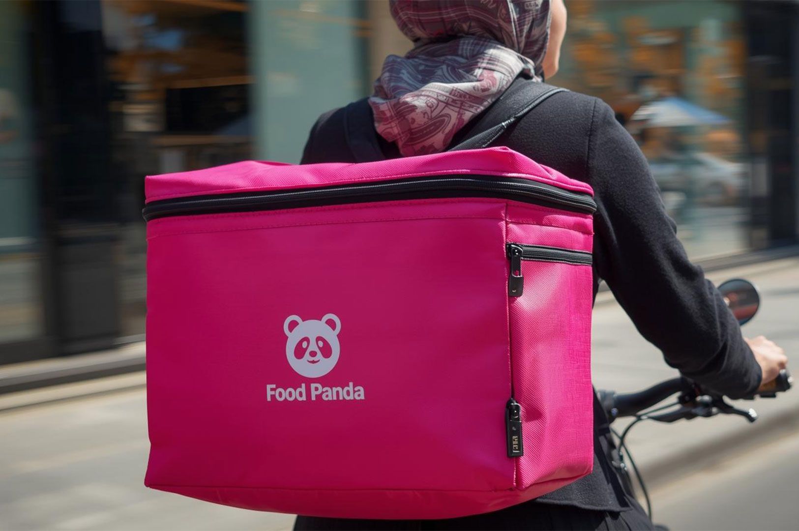 A Food Panda delivery rider wearing a hijab and black jacket, carrying a bright pink insulated delivery box on their back while riding a scooter in an urban setting.
