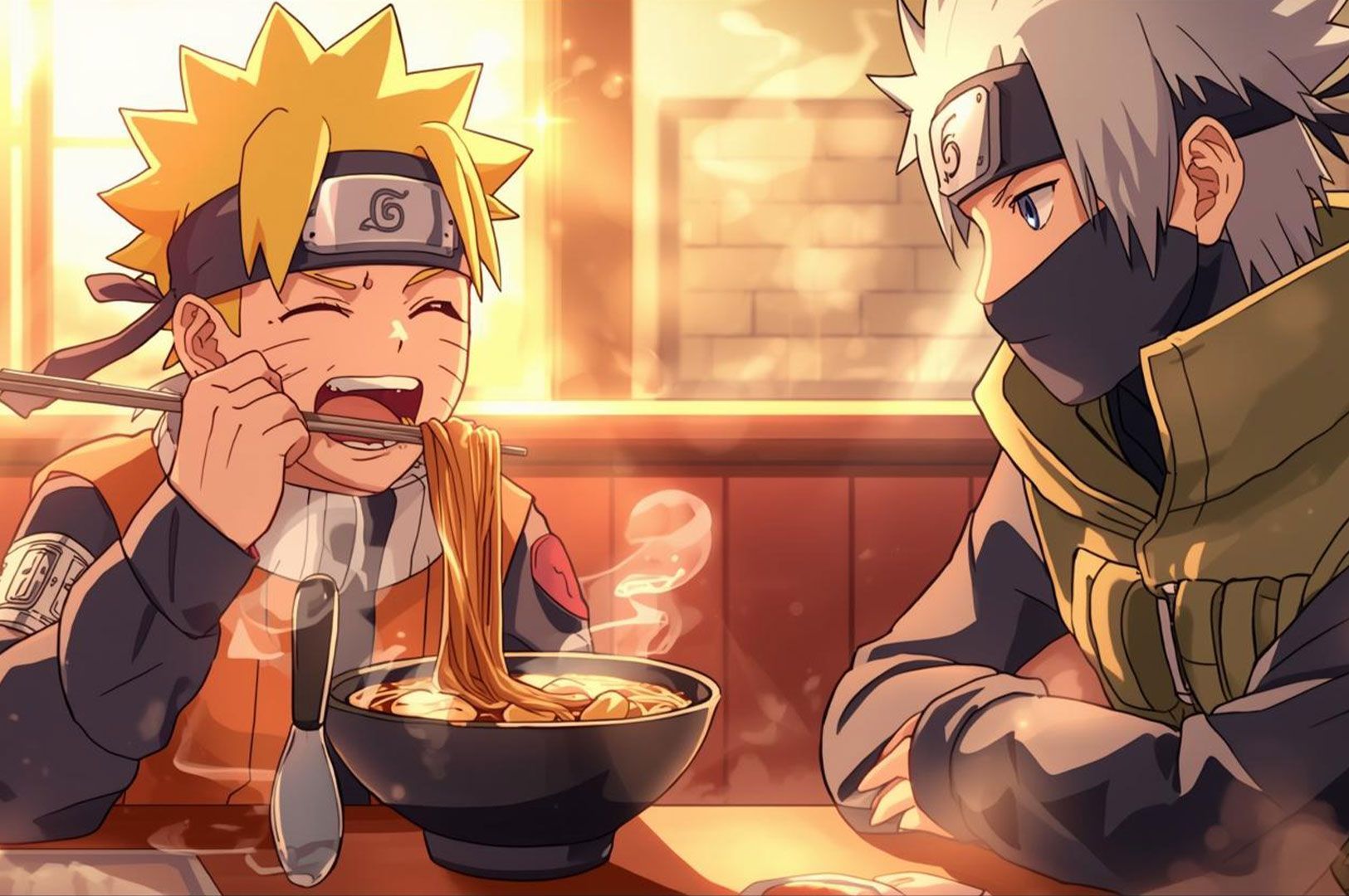 An anime scene depicting a smiling Naruto Uzumaki eagerly eating a large bowl of ramen with chopsticks next to his masked sensei, Kakashi Hatake, at a ramen shop (likely Ichiraku).