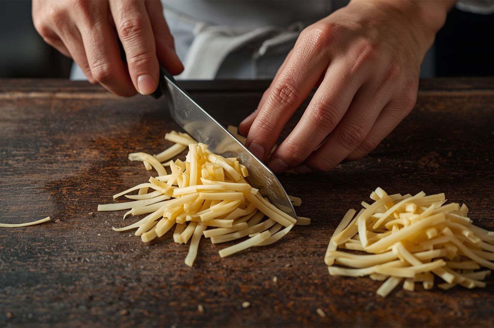 Close-up of hands slicing light yellow seasoned bamboo shoots (menma) into thin strips with a large knife on a dark wooden cutting surface.