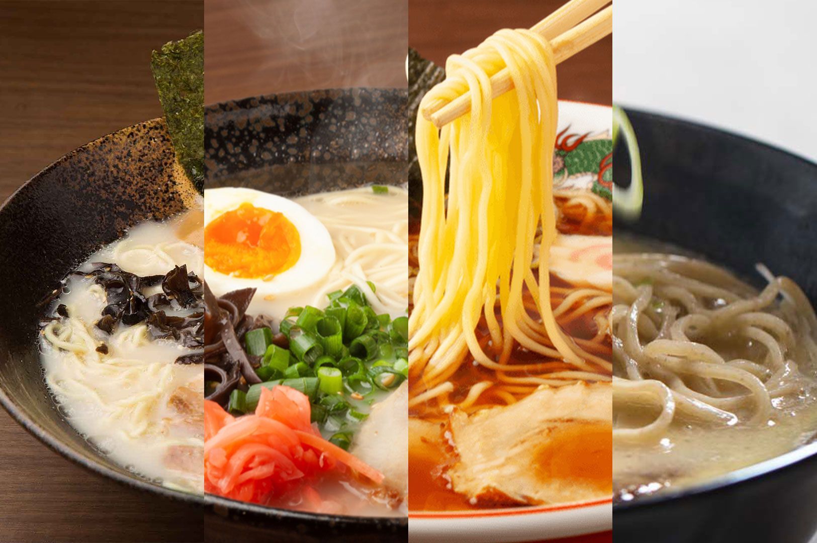 Quad image showing four different styles of Japanese noodles: creamy tonkotsu ramen, classic soy-based ramen with noodles being lifted, and dark soba or shoyu noodles.