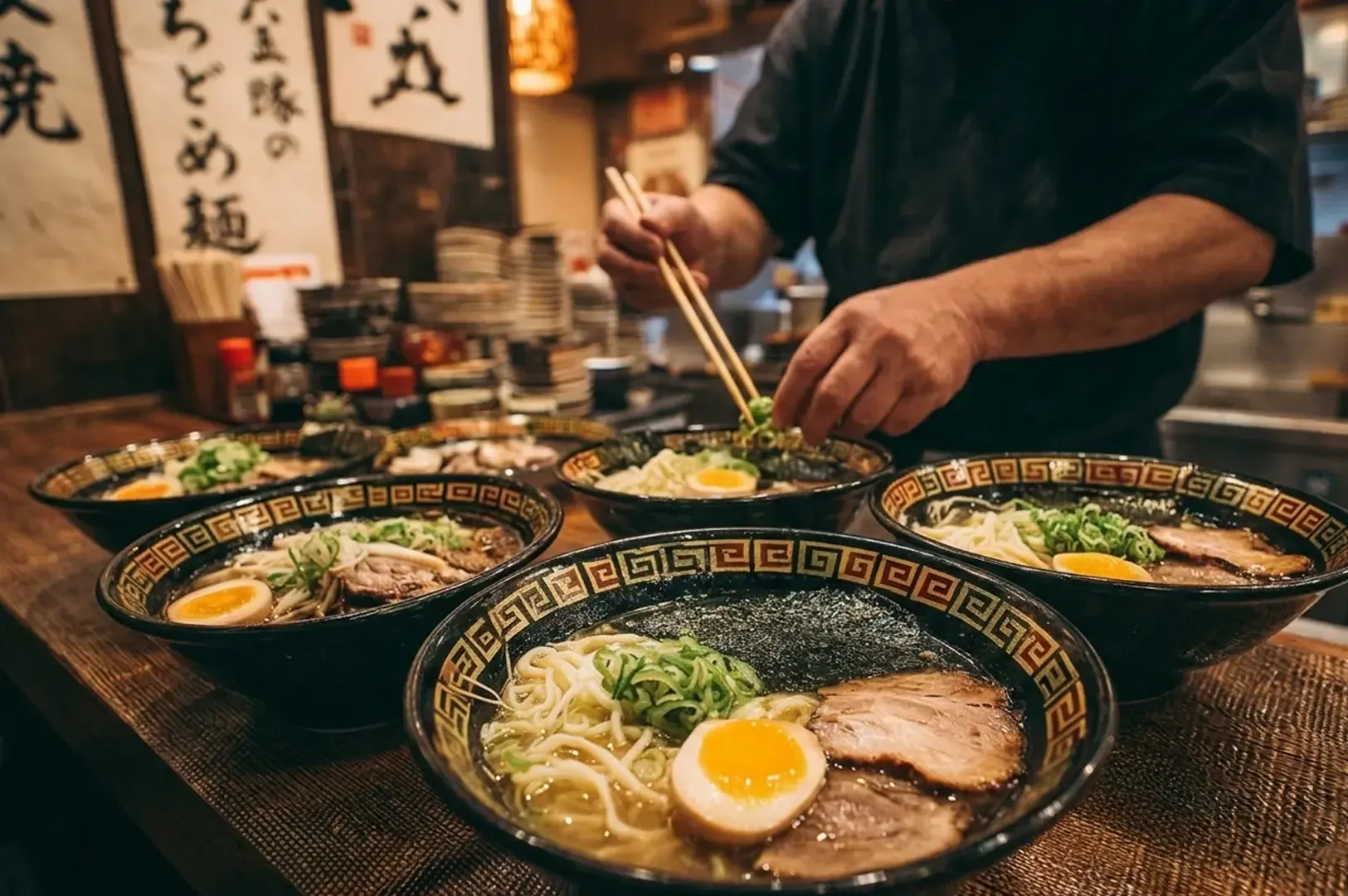 Chef preparing multiple bowls of Kitakata ramen in decorative black and gold patterned bowls, each featuring the region's signature thick noodles, soft-boiled egg, green onions, and chashu pork in a traditional Japanese ramen restaurant kitchen
