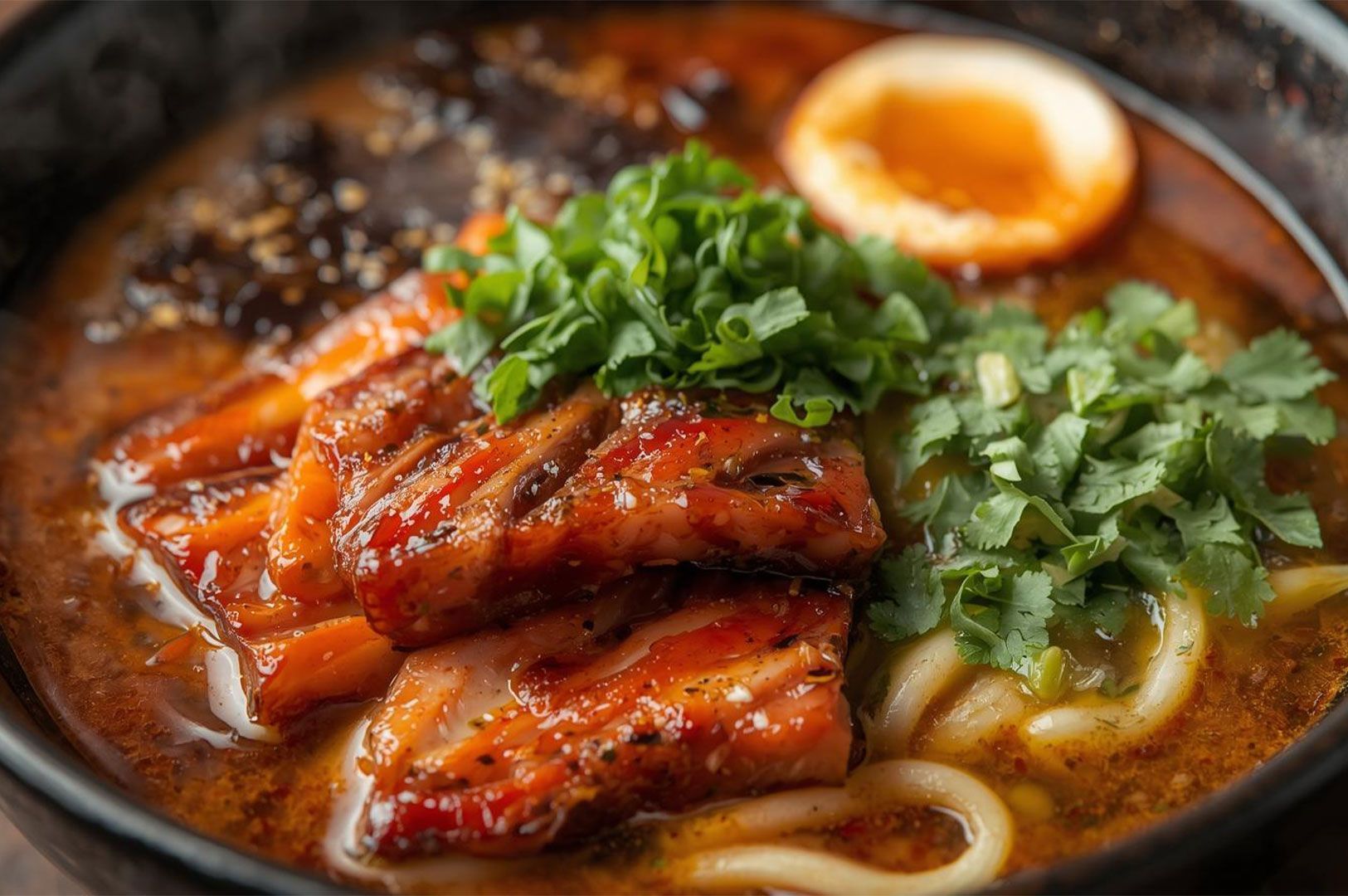 Extreme close-up of a dark bowl of richly colored ramen topped with glazed pork belly, a halved soft-boiled egg, and a fresh pile of green cilantro.