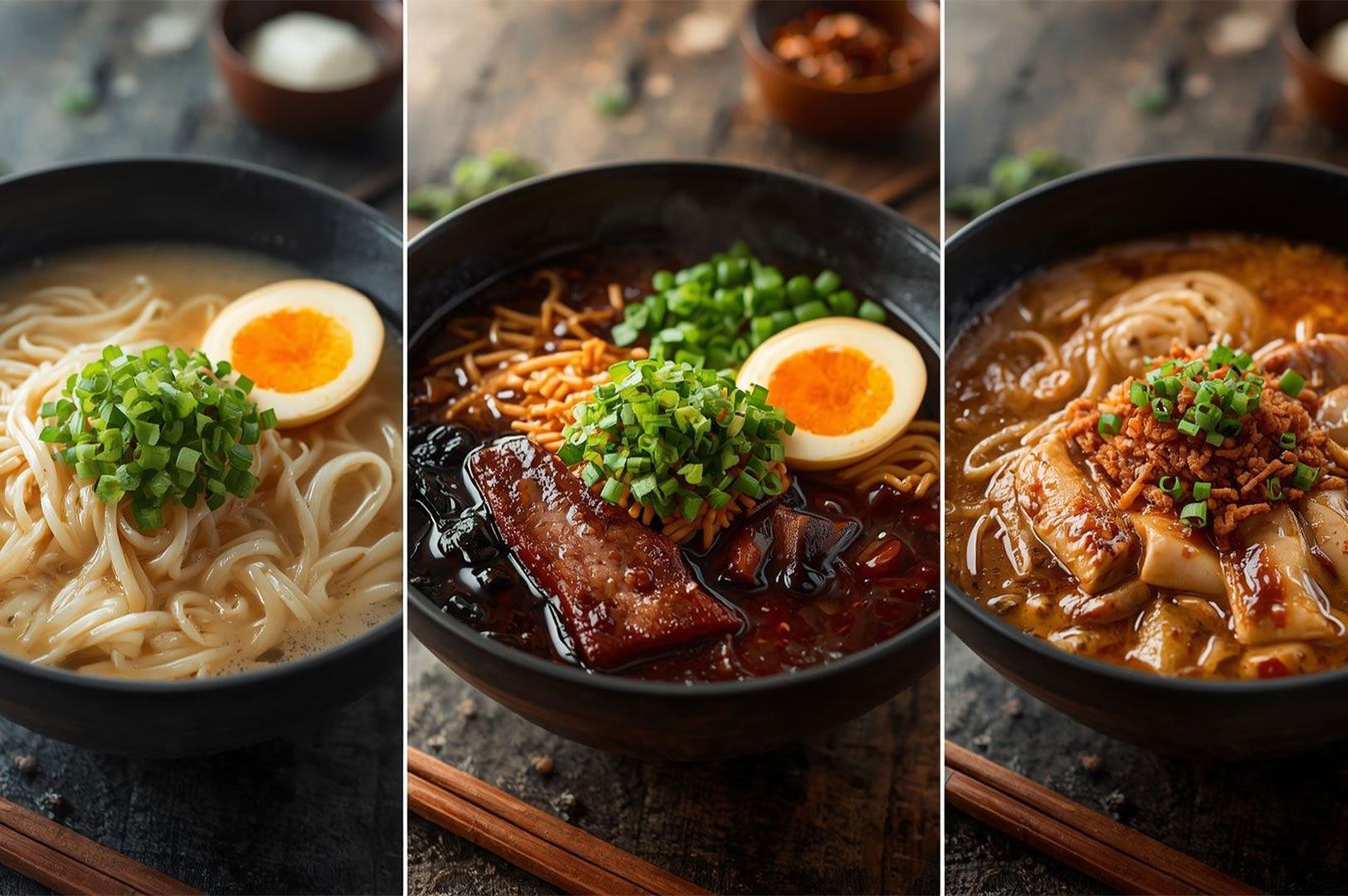 A vertical split image showing three different bowls of ramen: creamy Tonkotsu, dark Shoyu, and spicy Miso, each garnished with a soft-boiled egg and green onions.
