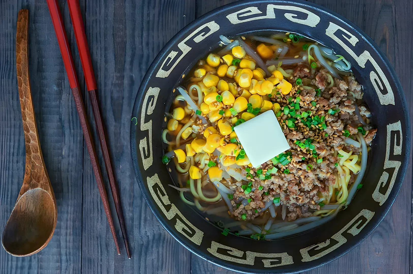 A bowl of ramen with corn, ground meat, bean sprouts, and a pat of butter, garnished with green onions. Chopsticks and a wooden spoon beside it.