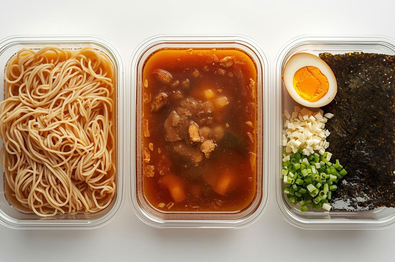 Top-down view of deconstructed ramen components in three separate clear glass meal prep containers: noodles, broth with meat, and toppings (egg, seaweed, garlic, scallions).