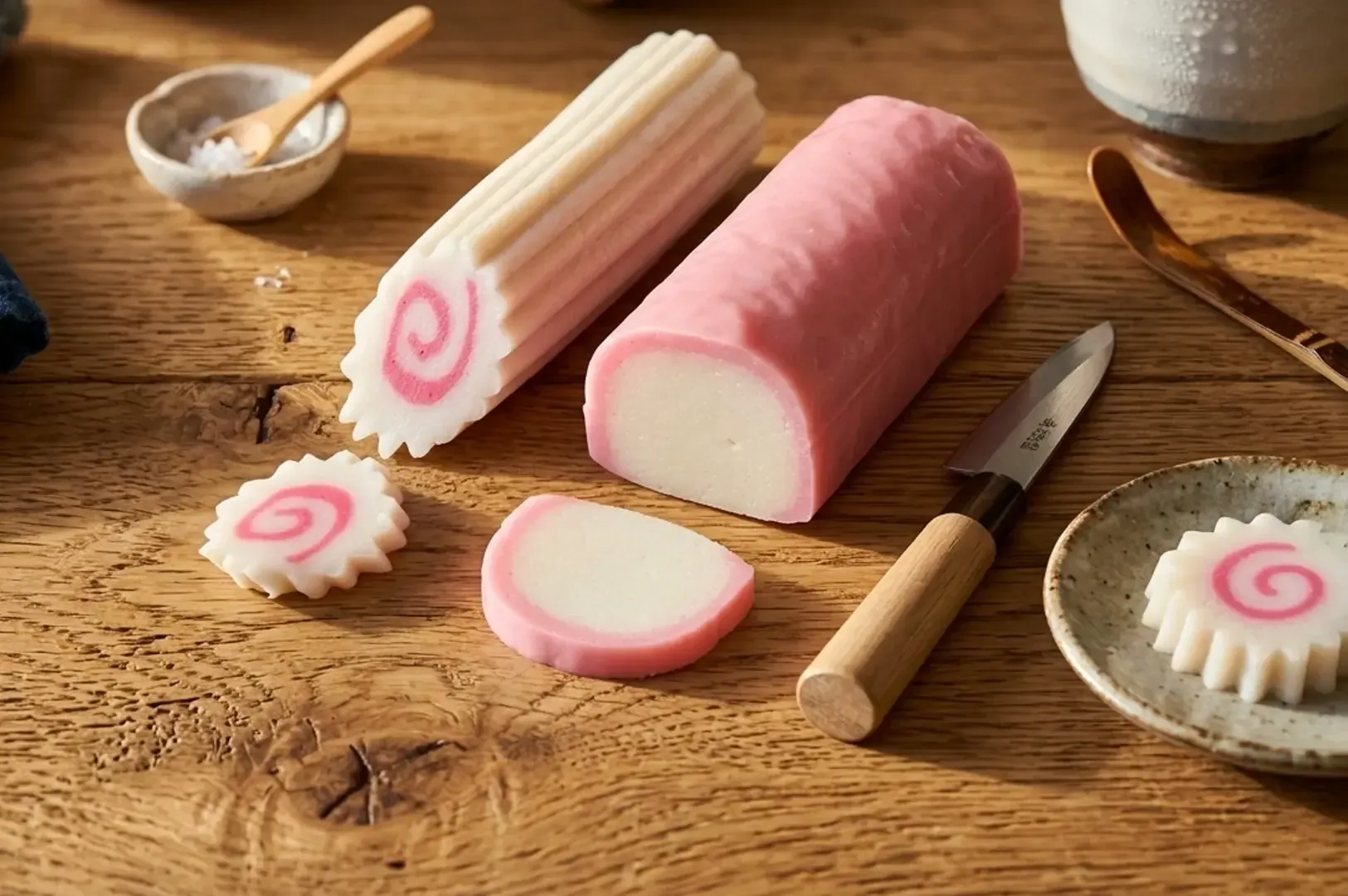 Close-up of traditional Japanese narutomaki fish cakes on a rustic wooden table.