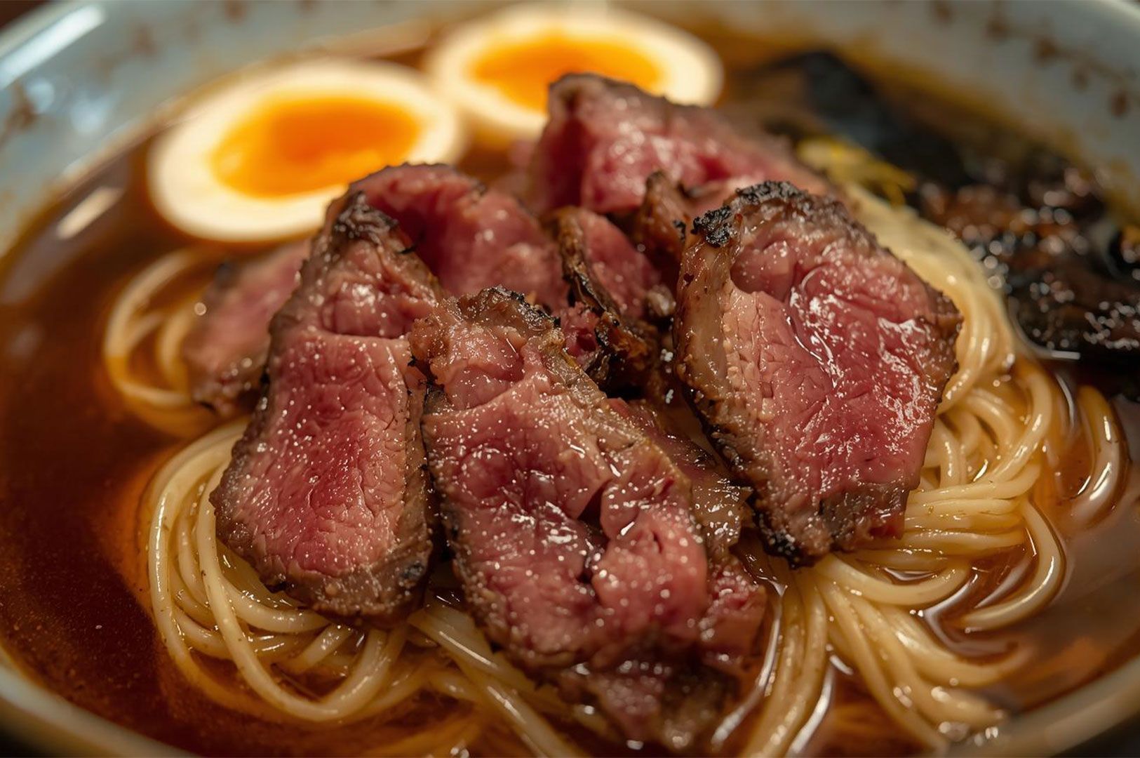 Close-up of a dark broth ramen with thin noodles, topped with medium-rare slices of roast beef and halved, soft-boiled ajitama eggs.