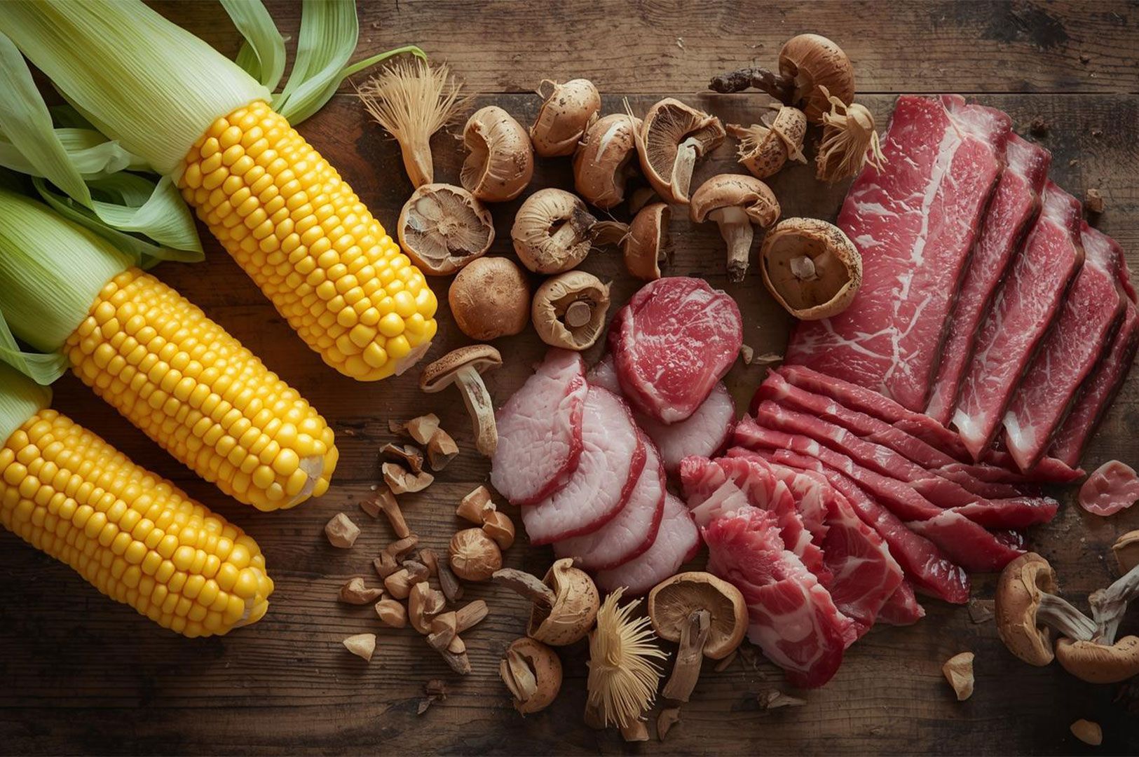 Flat-lay of raw ingredients on a rustic wooden surface, featuring slices of beef, peameal bacon, various wild mushrooms, and three ears of yellow corn.