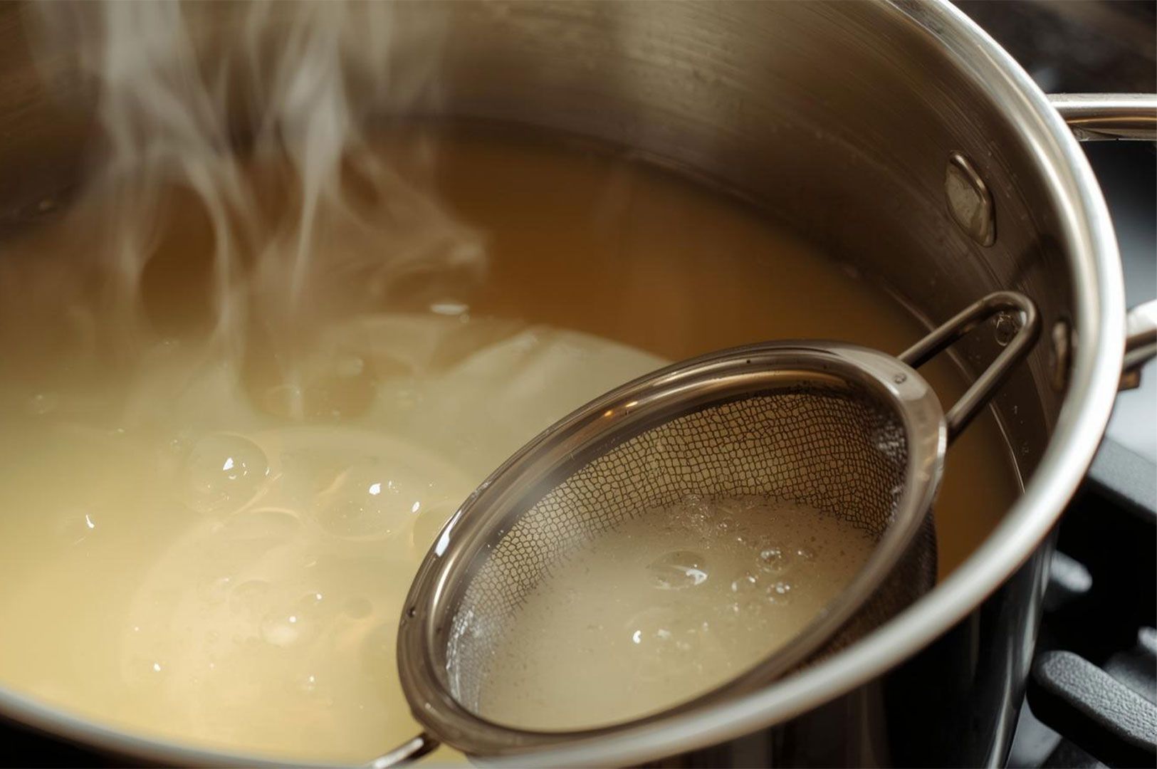 Close-up of a metal pot on a stovetop where a light-colored ramen broth is gently simmering, with a small strainer scooping out foam or impurities to maintain clarity.