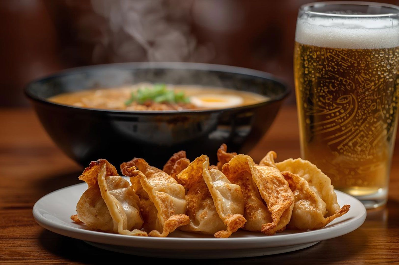 A plate of steaming, pan-fried gyoza dumplings in the foreground, with a glass of beer and a blurred bowl of ramen visible in the background.