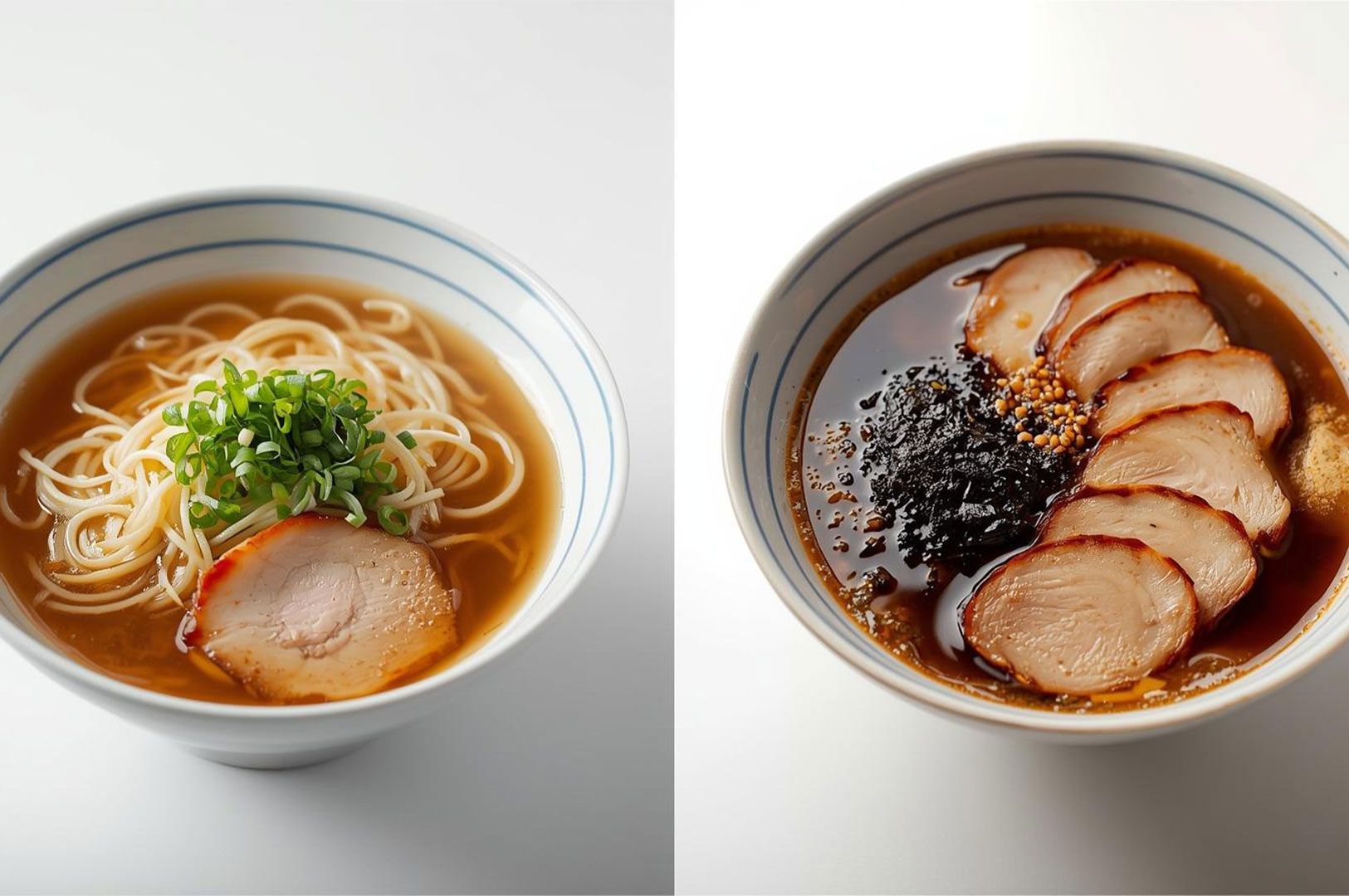 A studio shot featuring two distinct bowls of ramen: one clear shoyu broth and the other a darker, richer broth with dried seaweed and sliced pork.
