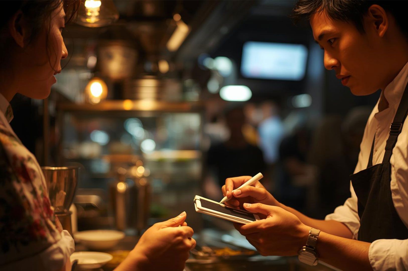 A focused shot inside a busy restaurant kitchen where a waiter or chef is using a digital pad and stylus to take a customization request from a customer standing at the counter.