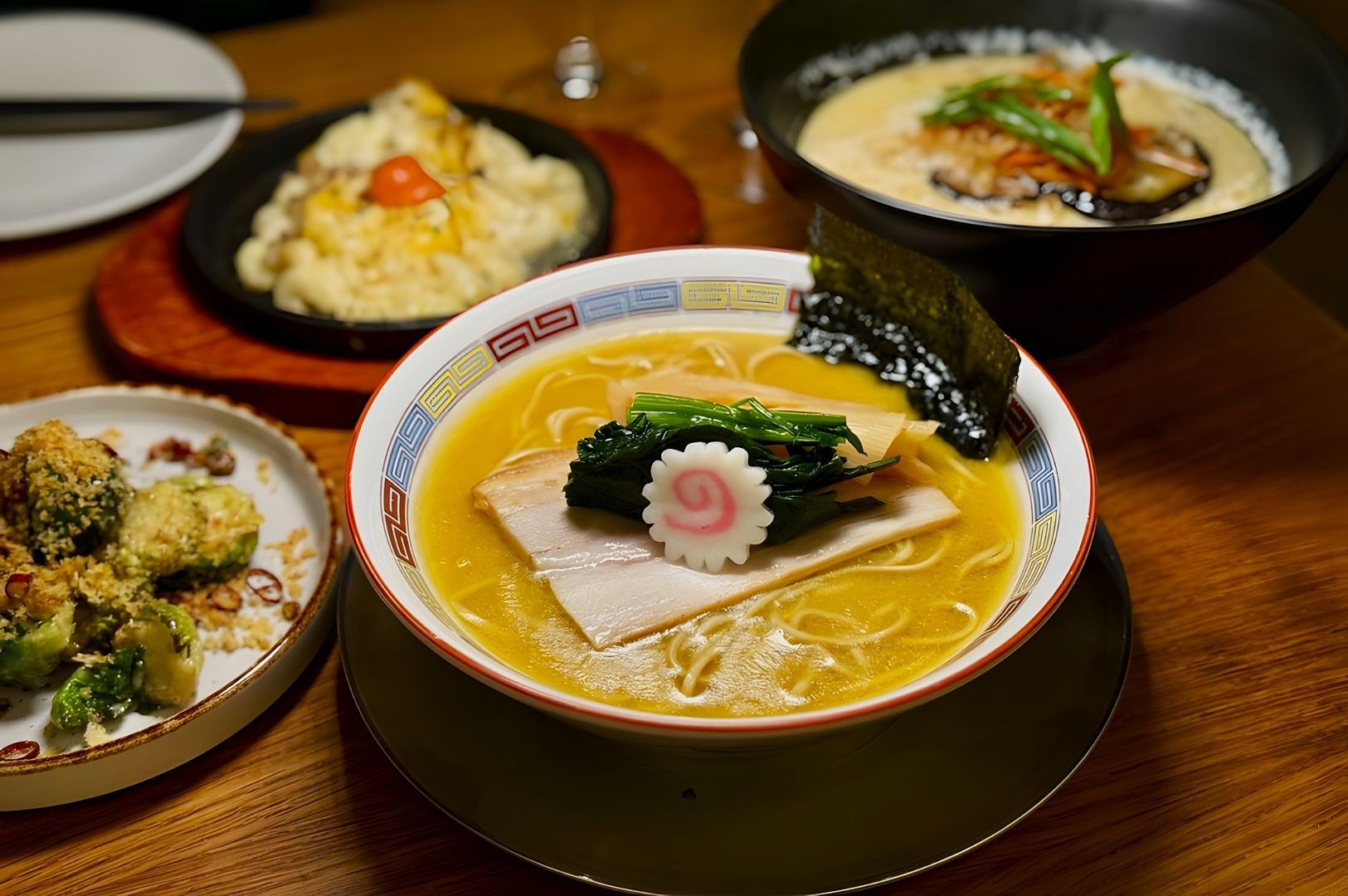 A bowl of ramen sits on a table, garnished with seaweed, fish cake, and greens in a savory broth. Side dishes include creamy pasta and breaded vegetables. Cozy and inviting setting.