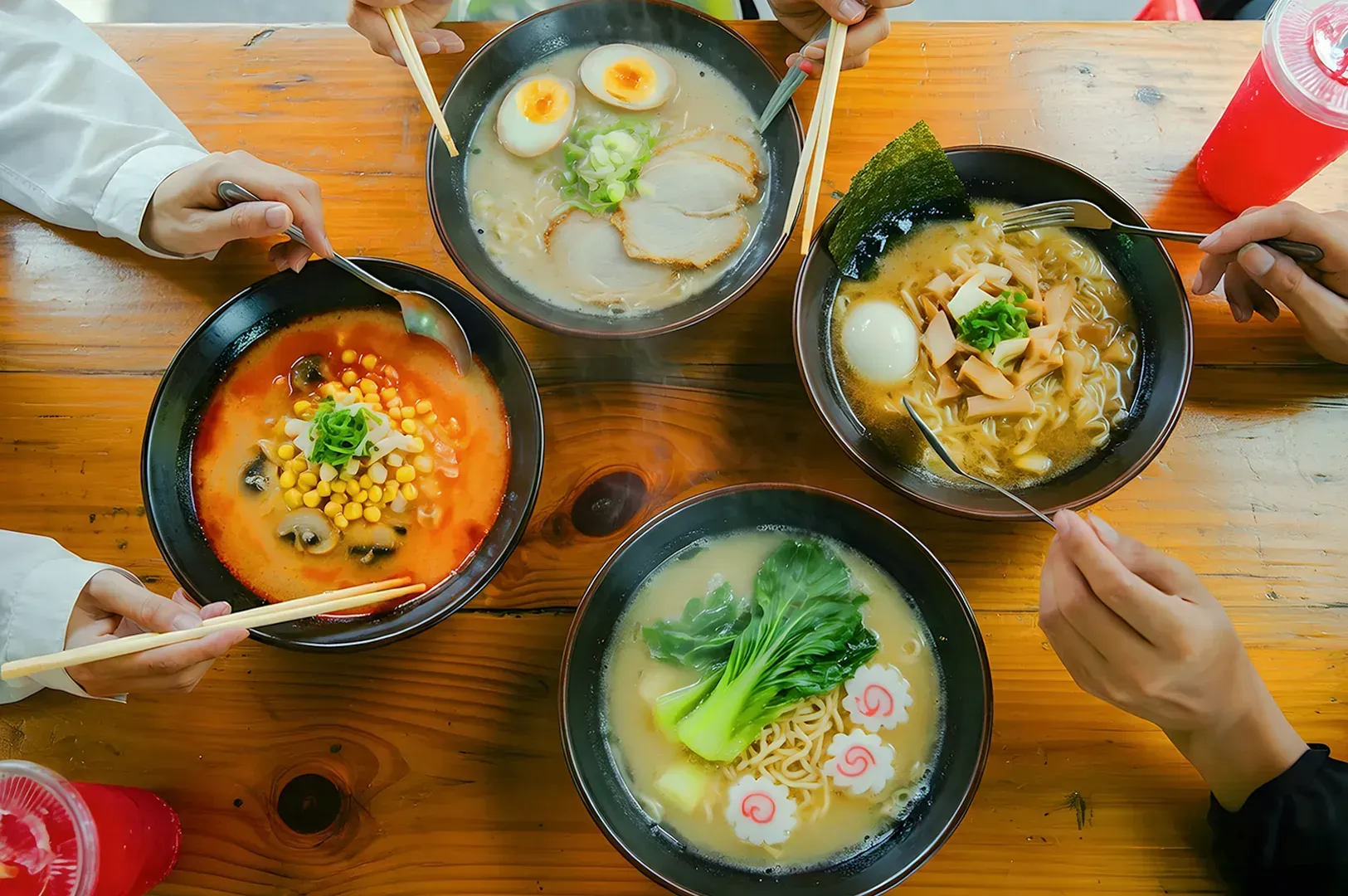 Four bowls of ramen on a wooden table, each with unique toppings like sliced eggs, corn, and vegetables. Hands with chopsticks and spoons reach in eagerly.
