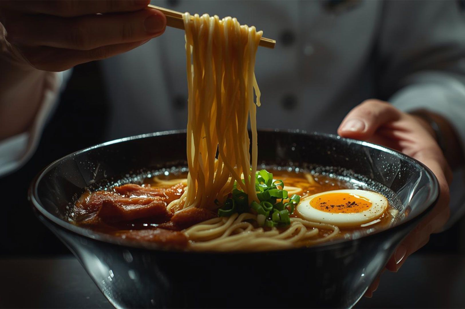 A close-up shot of a person's hands holding chopsticks, lifting a generous portion of ramen noodles from a steaming black bowl. The bowl contains a rich, dark broth, tender slices of meat, a halved soft-boiled egg with a bright yolk, and chopped green onions. The background is dimly lit, focusing attention on the ramen.