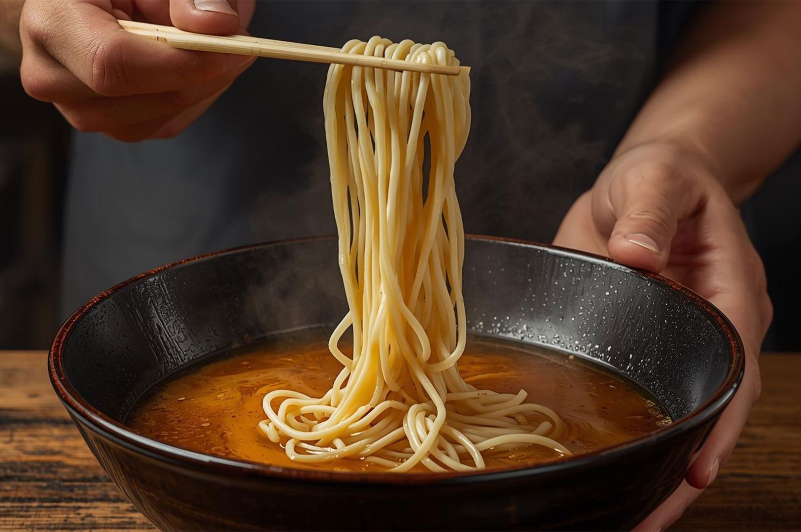 A person's hands holding chopsticks pulling a large portion of fresh, yellow ramen noodles (kaedama) out of a dark bowl of rich broth.