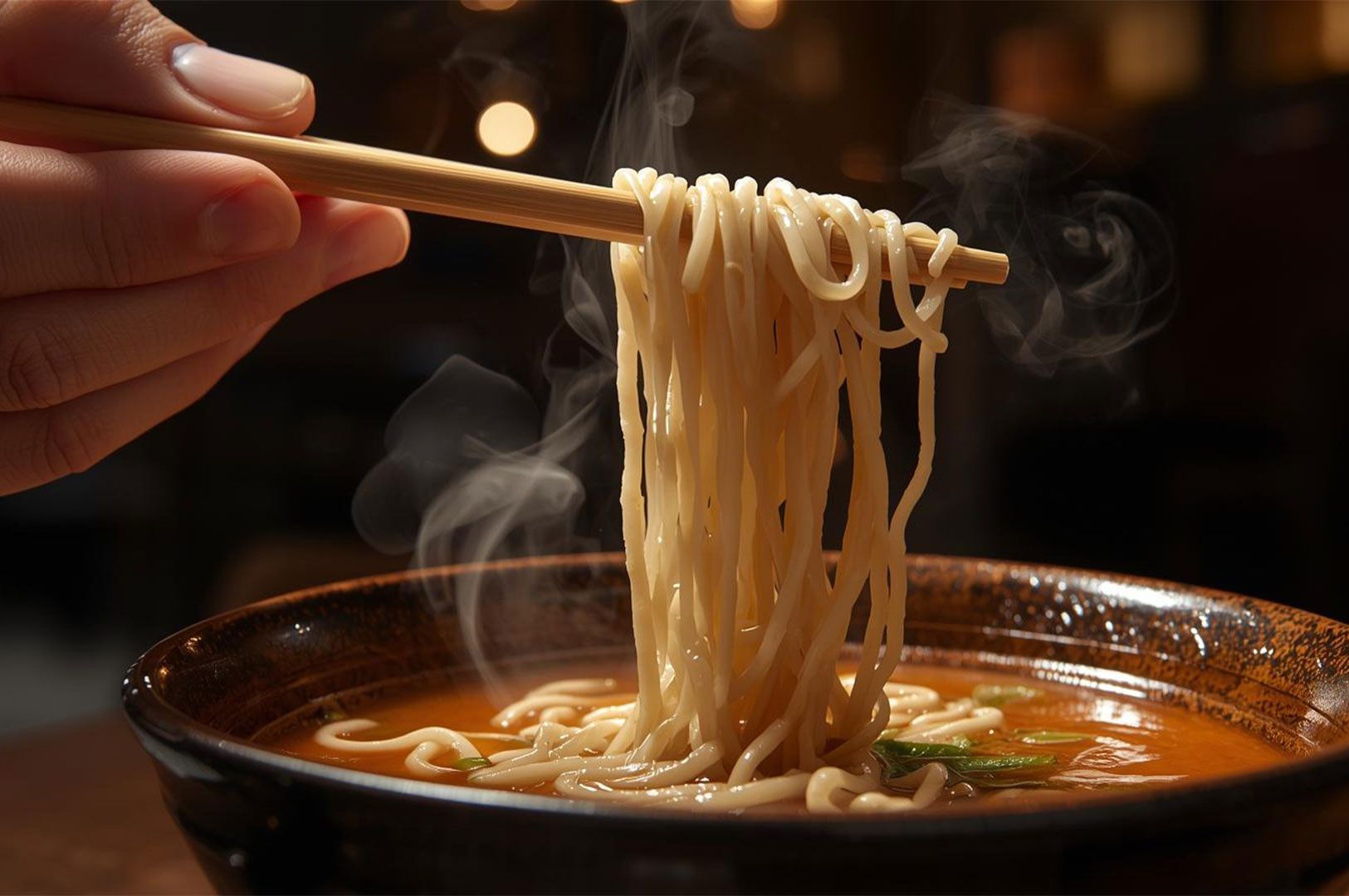 A focused, warm-lit photo of chopsticks lifting a large bundle of hot, straight ramen noodles out of a dark bowl of soup, with visible steam rising dramatically.