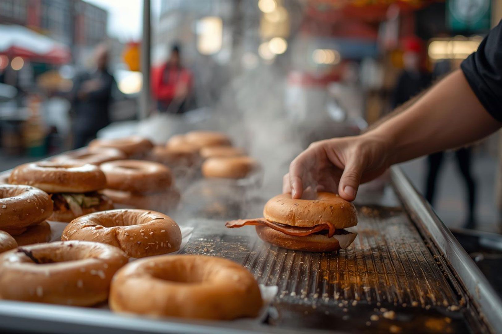 A hand placing a freshly sliced bagel with a piece of peameal bacon onto a hot griddle, with other steaming bagels in the foreground at an outdoor vendor or market.