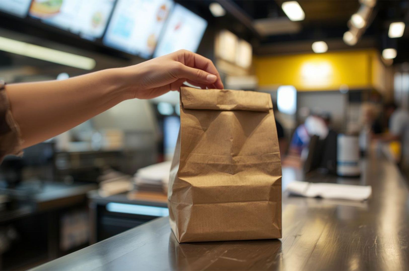 A customer's hand reaching across a counter to pick up a folded brown paper bag containing takeaway food from a quick-service restaurant.