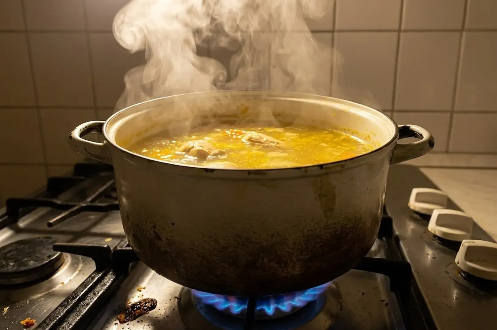 Large stockpot of golden chicken broth simmering on gas stove with steam rising, showing homemade broth preparation.