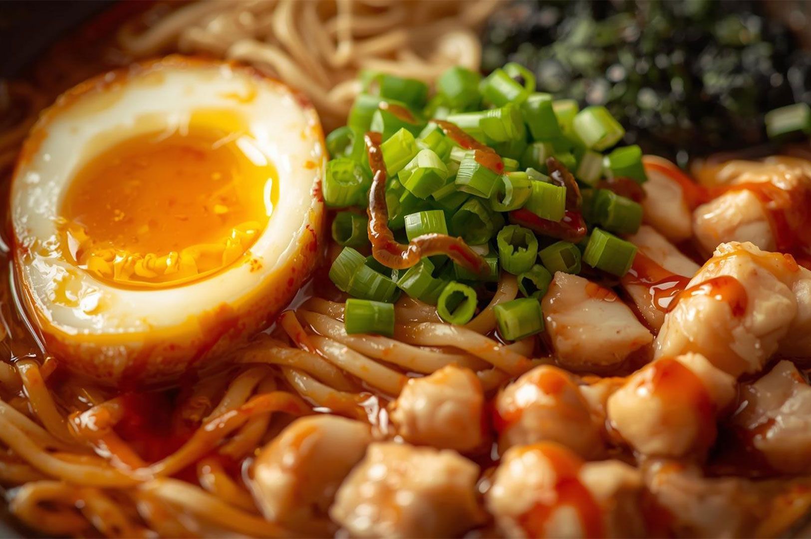 Extreme close-up of an instant ramen dish, featuring a creamy sauce, fish balls or chicken pieces, chopped scallions, and a rich, soft-boiled egg.